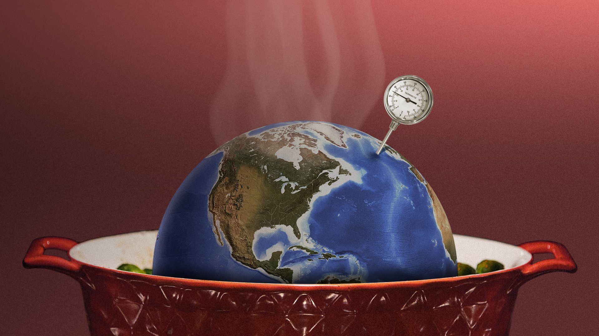 Illustration of an earth in a roast pan with a meat thermometer.