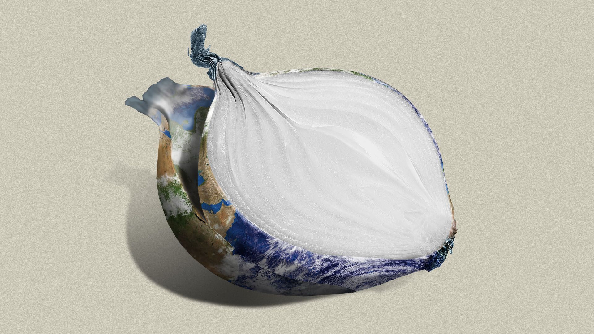 Illustration of an onion with skin like the crust of the earth sliced in half