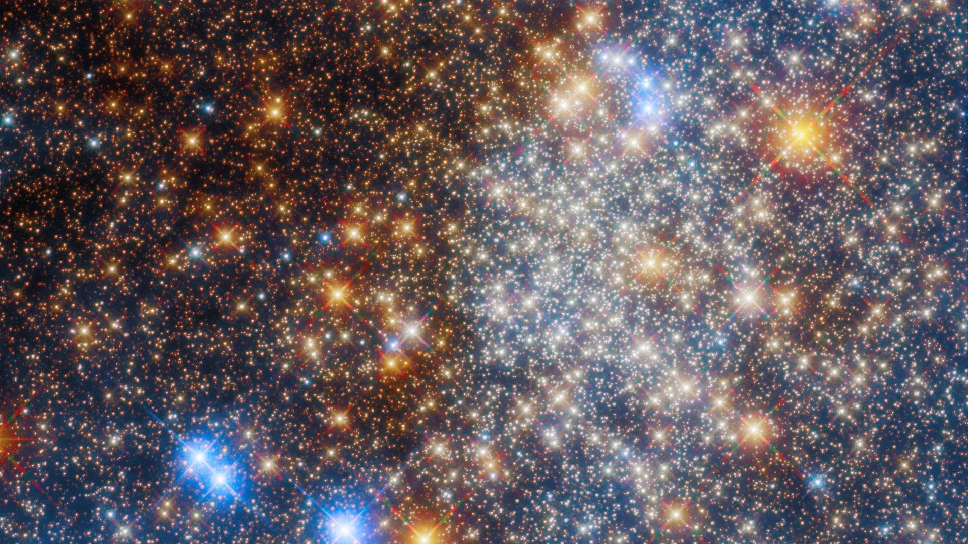 A smattering of stars in a cluster ranging from bright blue to red