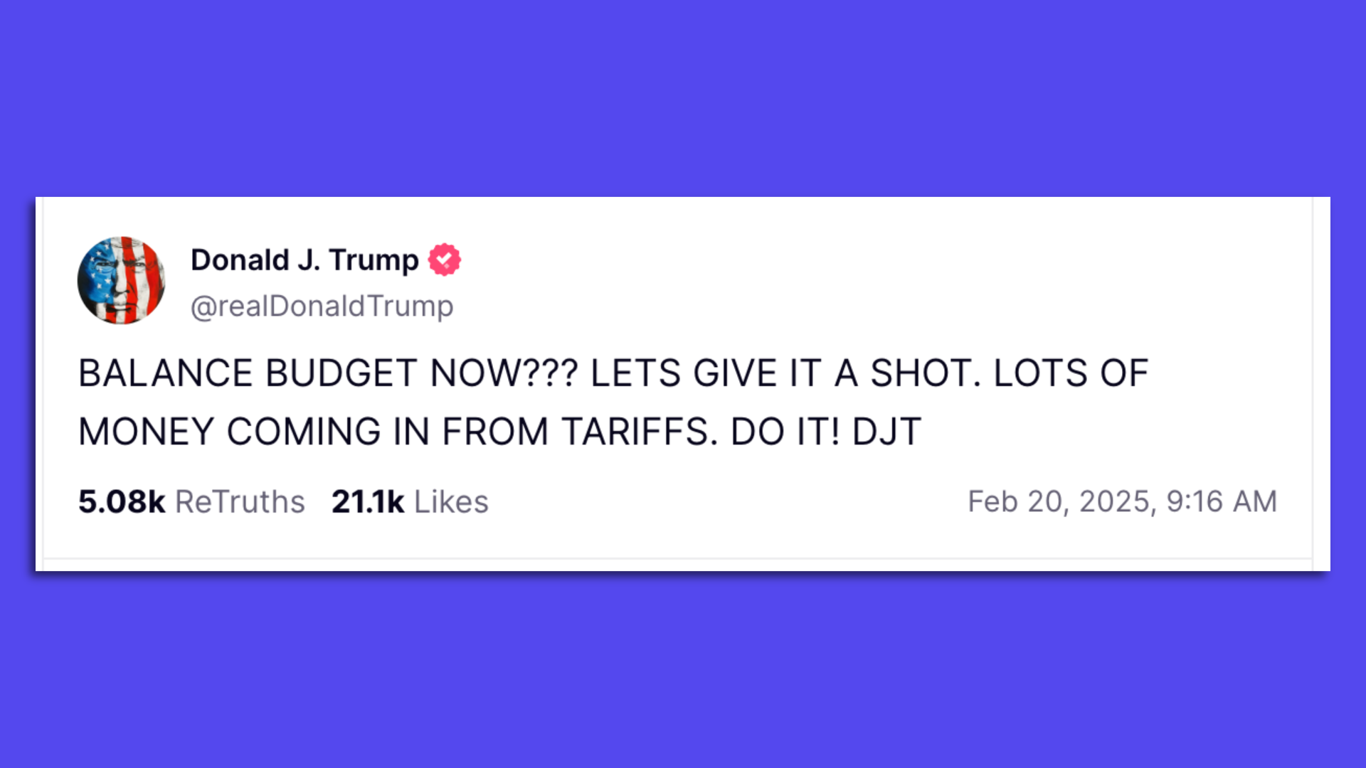 Trump Truth Social post on balancing the budget using tariff revenues
