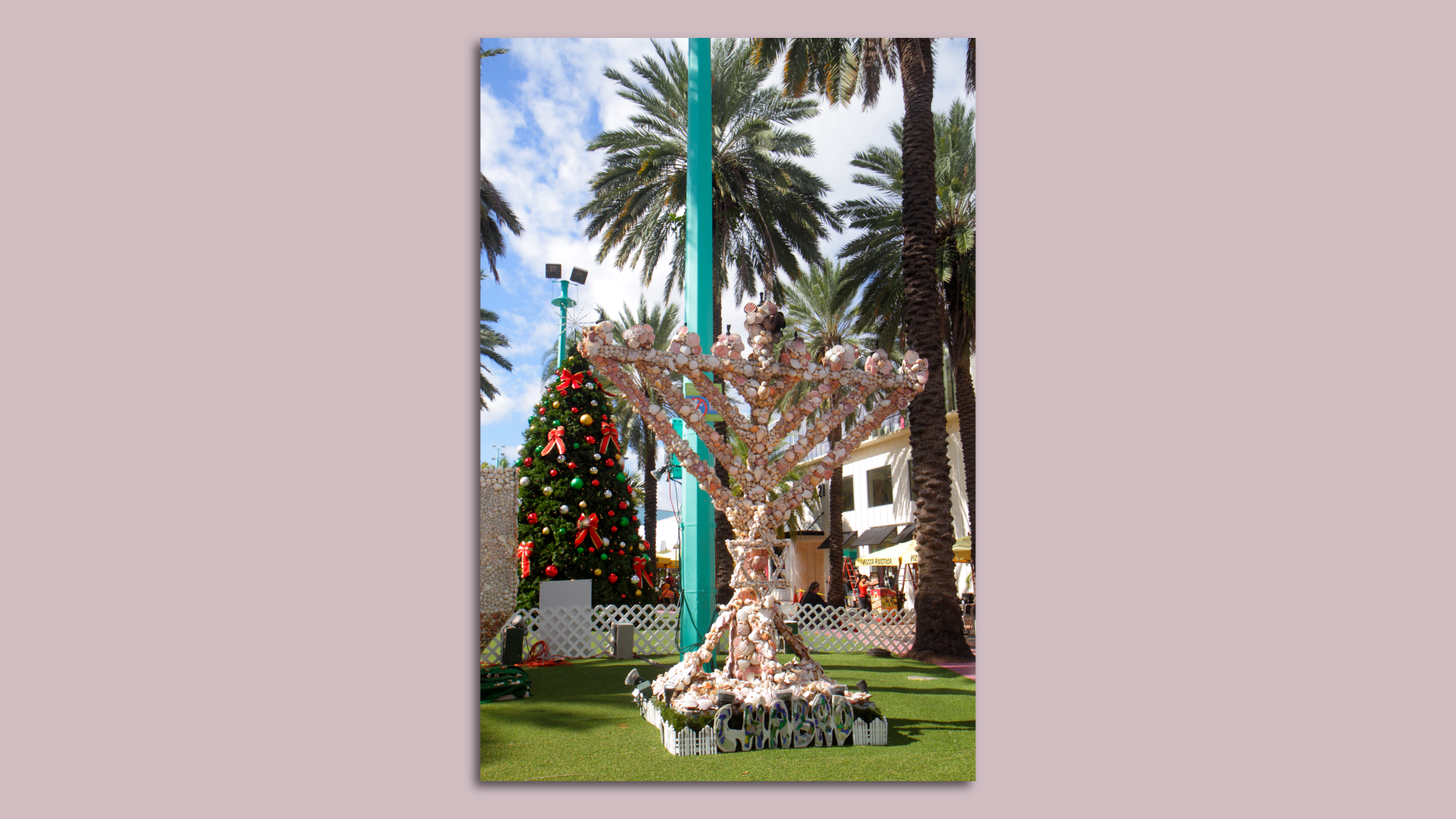 Artist Roger Abramson's seashell menorah on Lincoln Road in South Beach. Photo: Jeffrey Greenberg/Universal Images Group via Getty Images