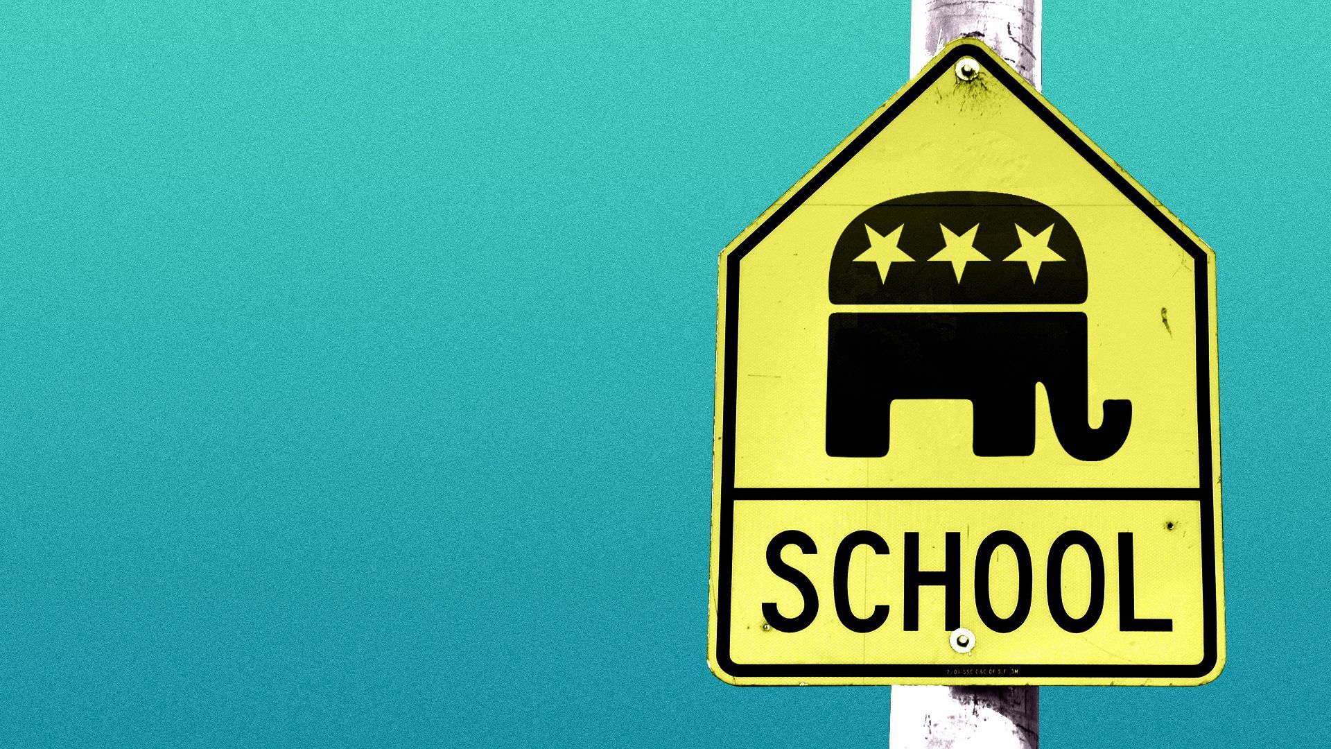 Illustration of a school street sign with the Republican Party logo on instead of icons of children.