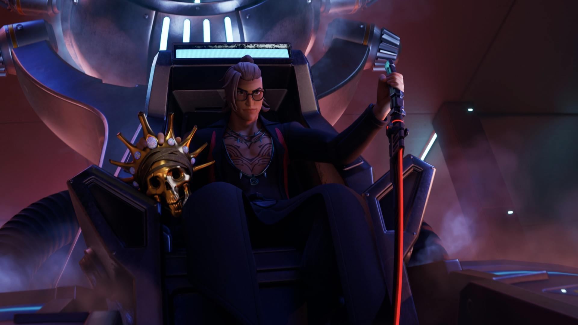 Video game screenshot of a person sitting on a throne, holding a skull