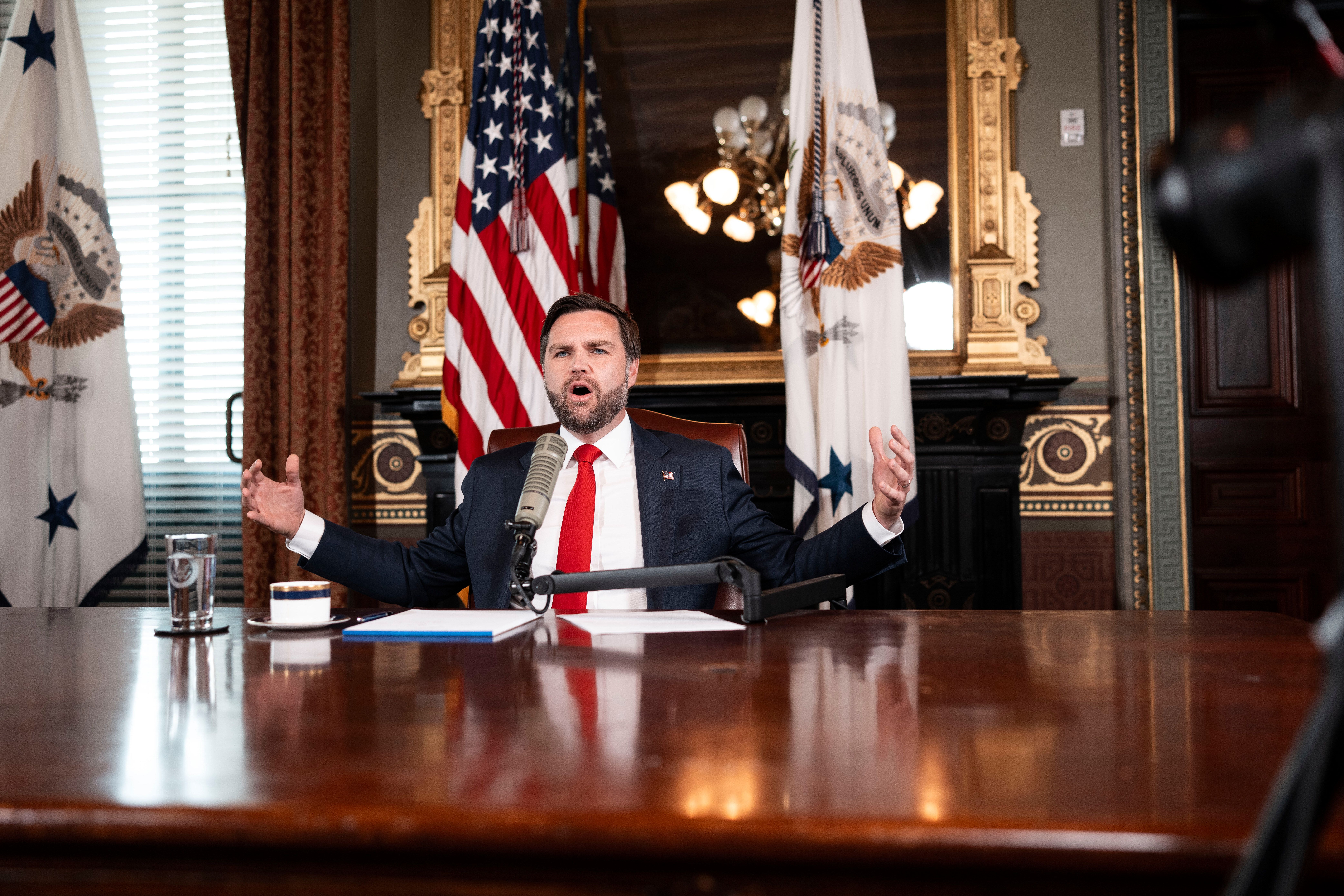 Vice President JD Vance hosts an episode of "The Charlie Kirk Show" at the White House, following the assassination of the show's namesake, Monday, Sept., 15, 2025, in Washington. (Doug Mills/The New York Times via AP, Pool) 