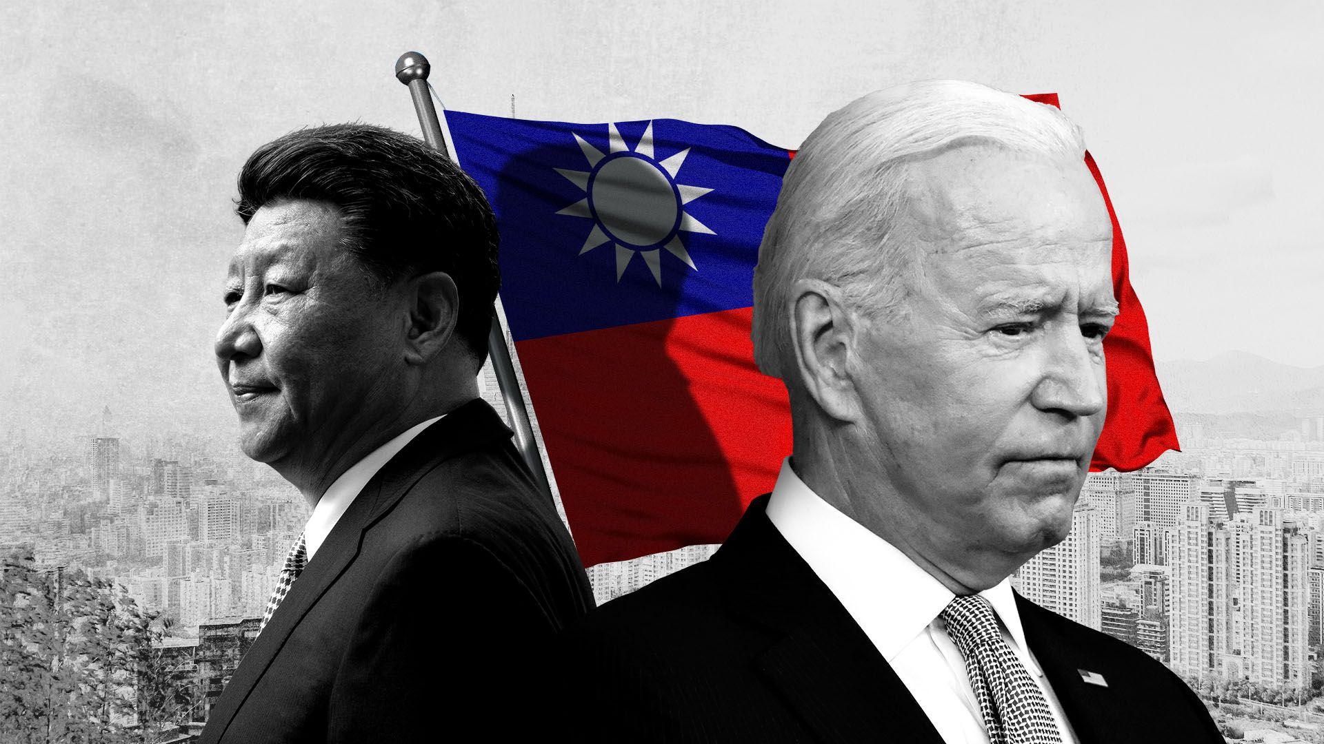 Photo illustration of President Biden and President Xi Jinping in front of the flag of Taiwan with Taipei in the background