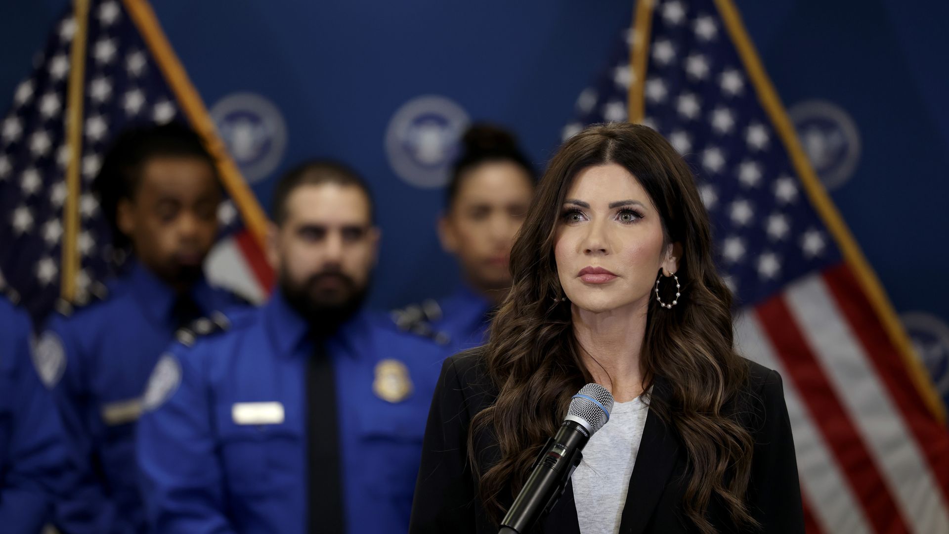 Homeland Security Secretary Kristi Noem speaks at a press conference in Miami, Florida.
