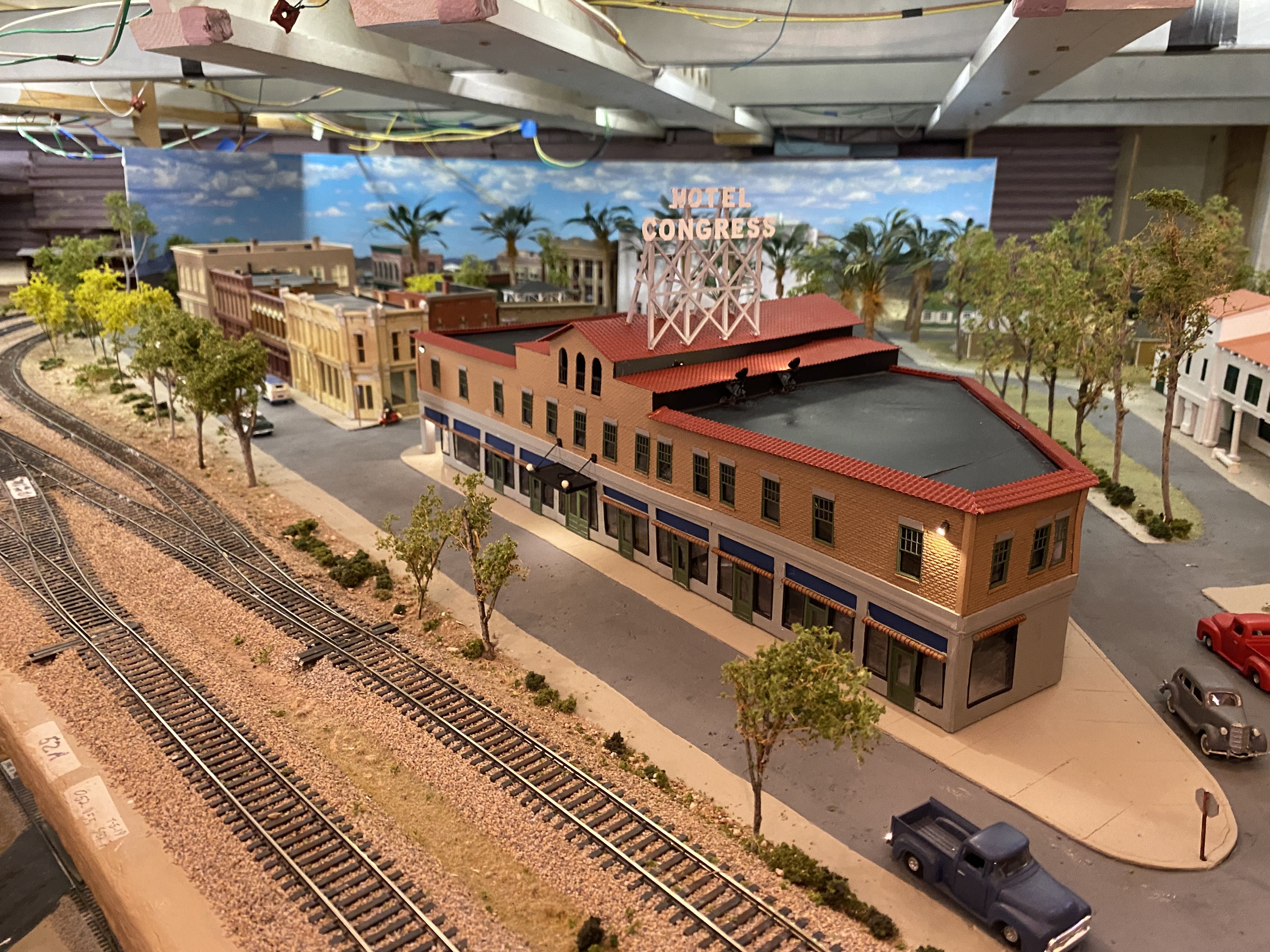 A model of Tucson's Hotel Congress along a model train track