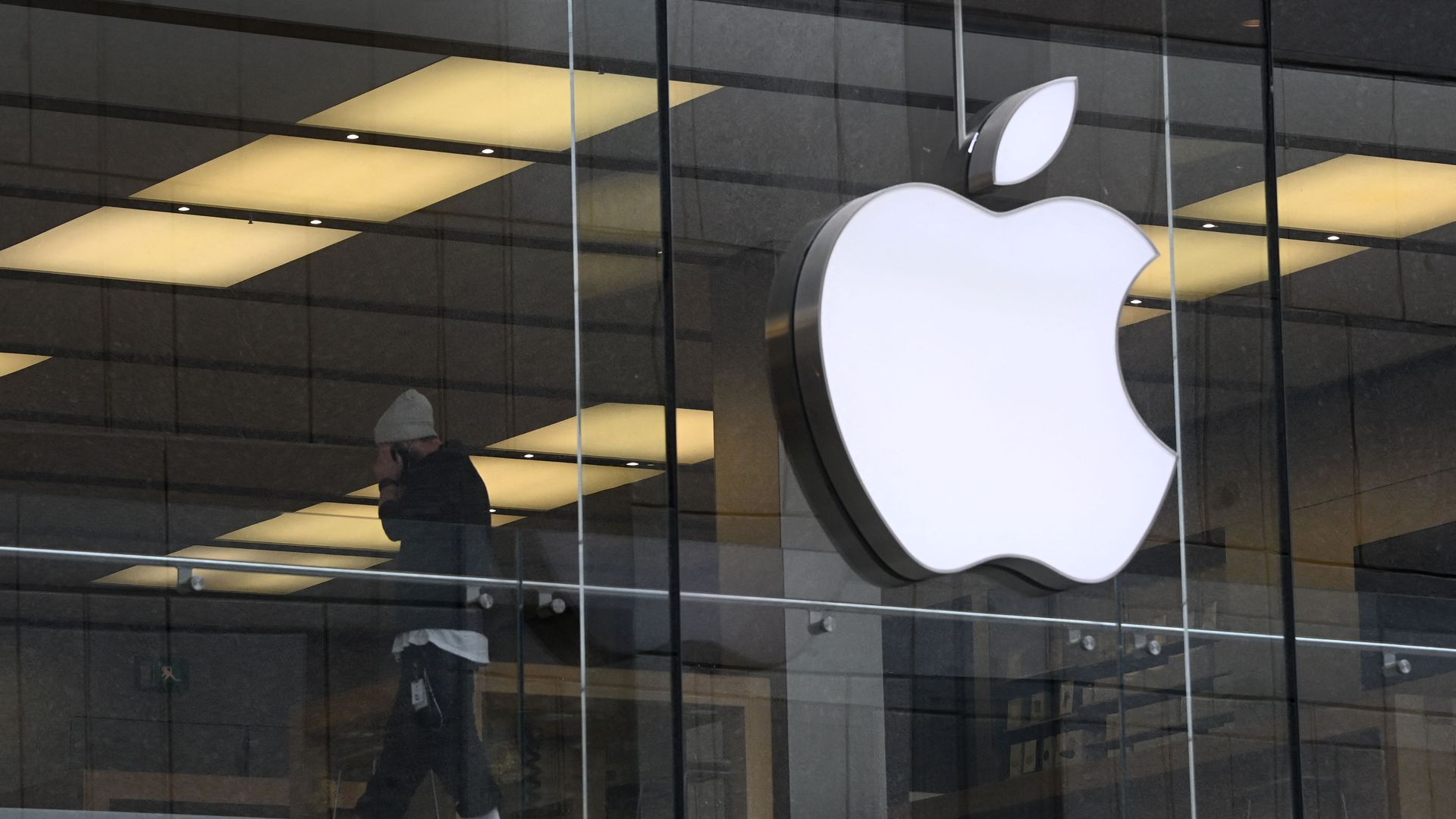 The Apple logo on a building in Munich, Germany.