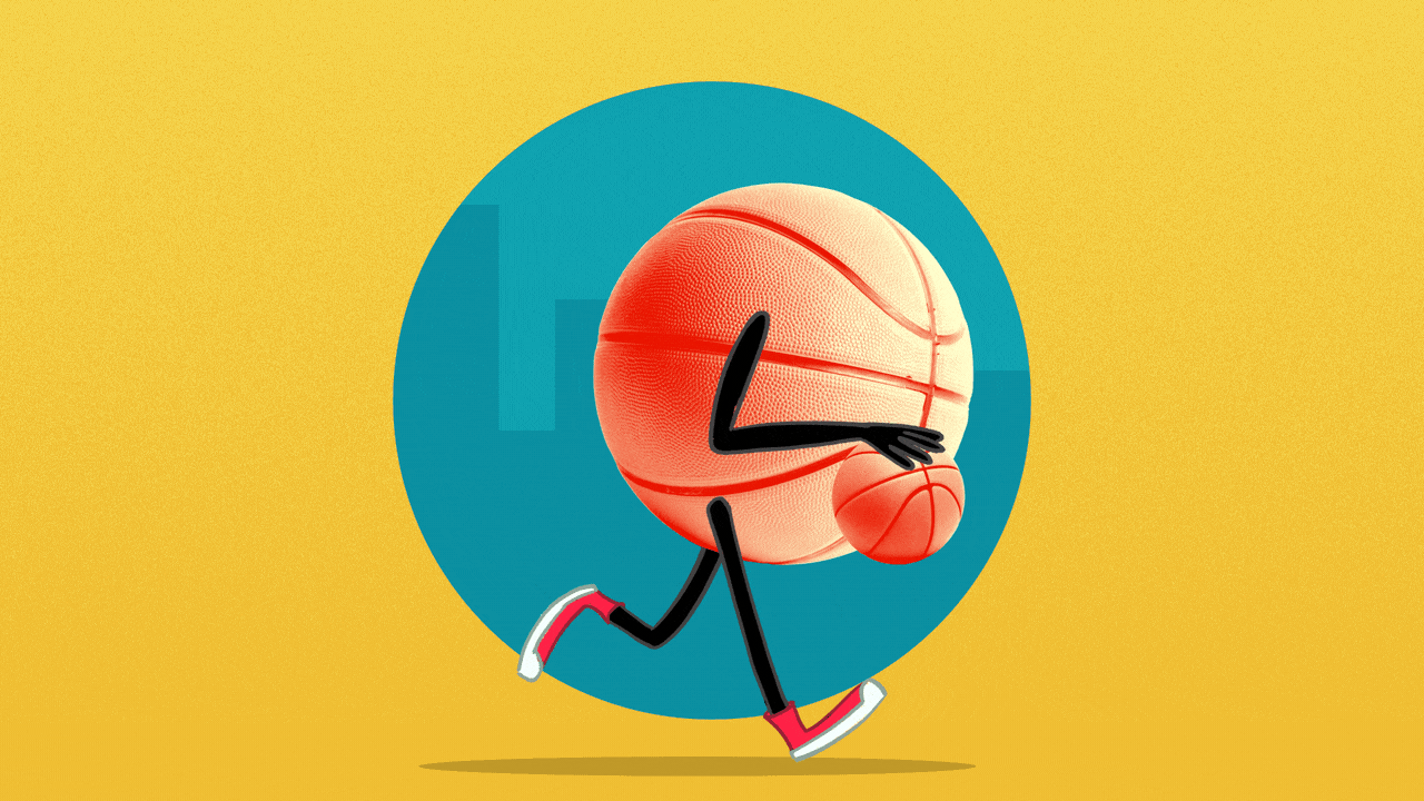 Illustration of a basketball with arms and legs running and dribbling another basketball.