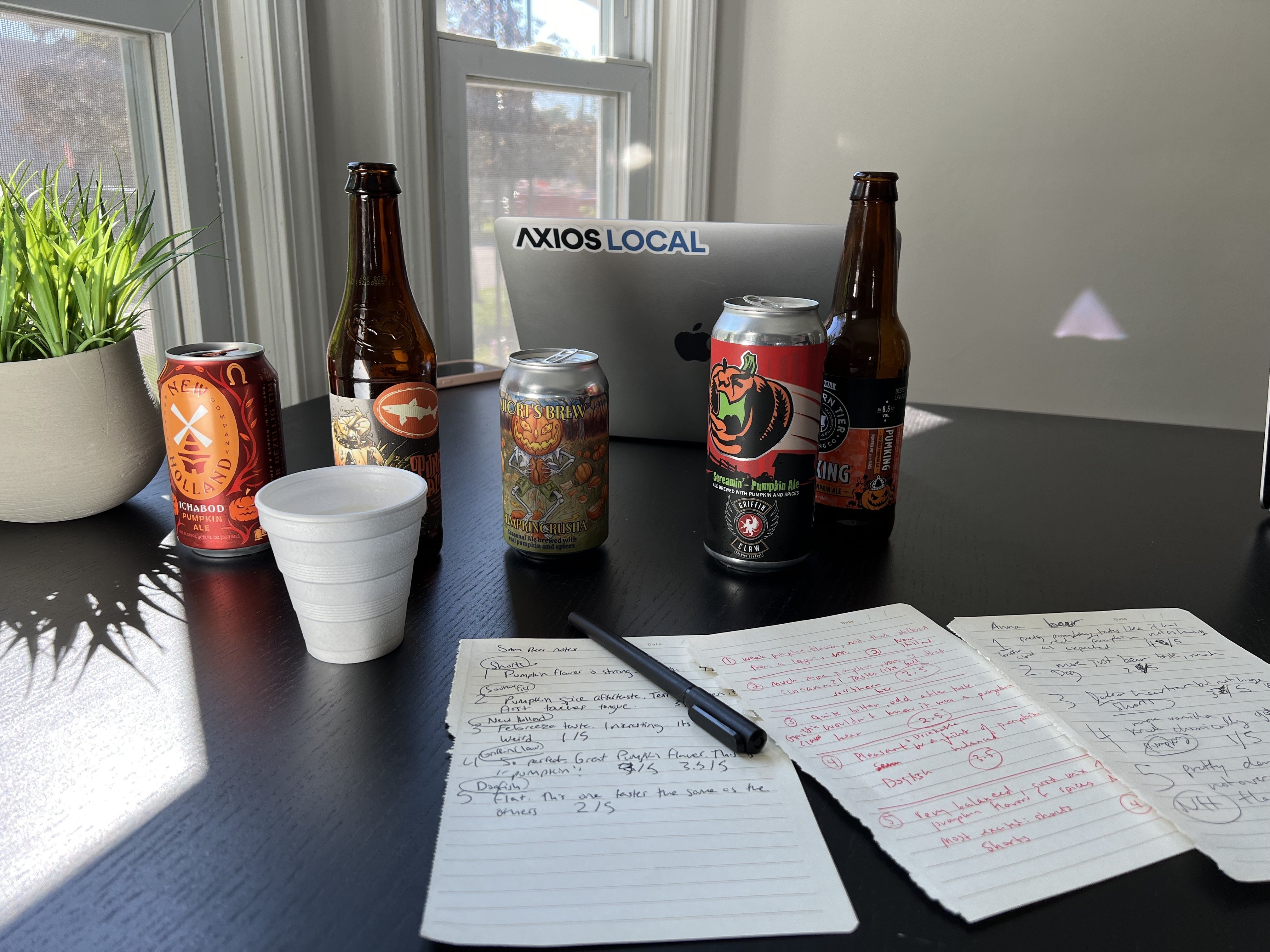 Beers and notes taken during the Axios Detroit pumpkin beer taste testing 