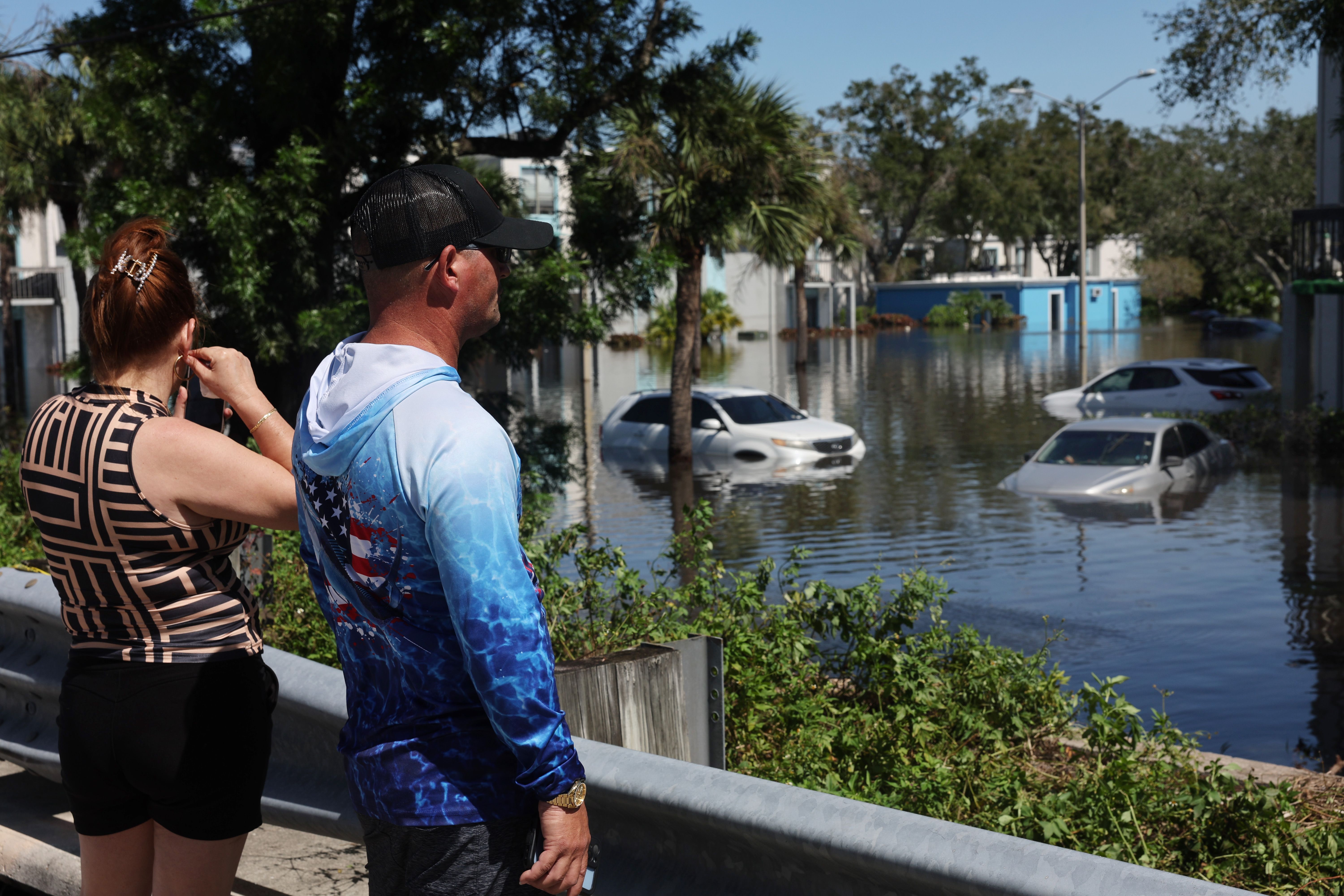 Cars are flooded in an apartment complex after the arrival of Hurricane Milton on October 10, 2024 in Clearwater, Florida. Milton, which comes just after the recent catastrophic Hurricane Helene, landed into Florida's Gulf Coast late Wednesday evening as a Category 3 storm causing extensive flooding