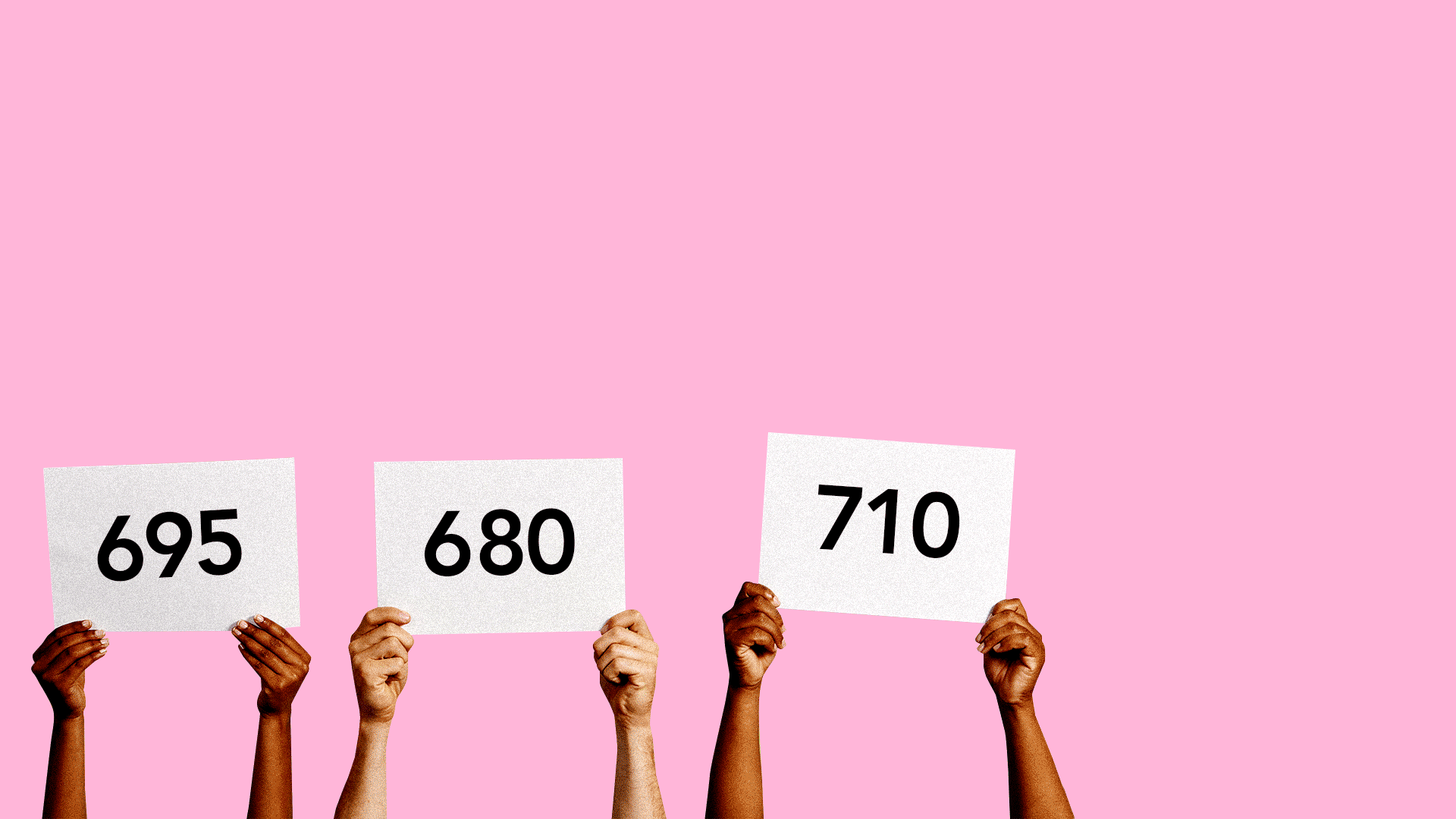 Animated illustration of hands holding up scores, one set of hands pops into frame holding up a score card that reads "?"