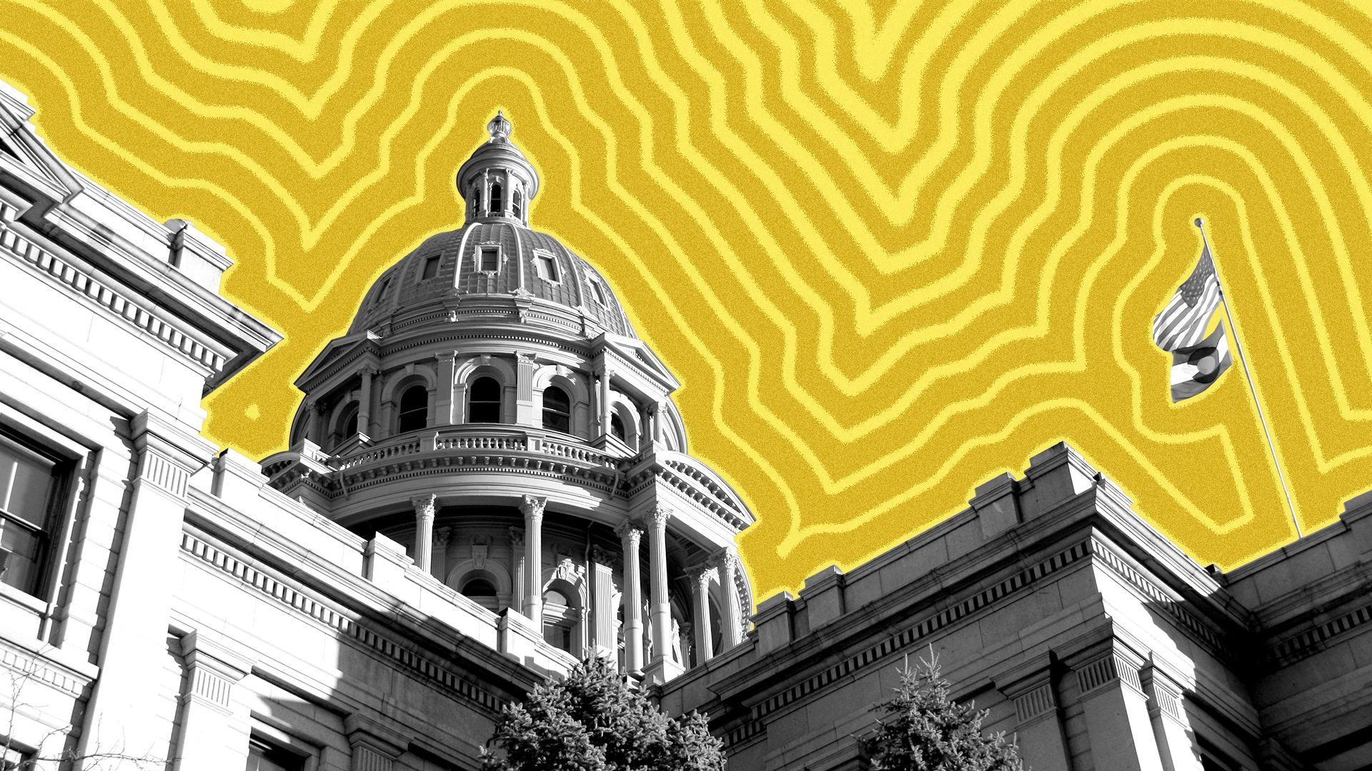 Illustration of the Colorado State Capitol with lines radiating from it. 