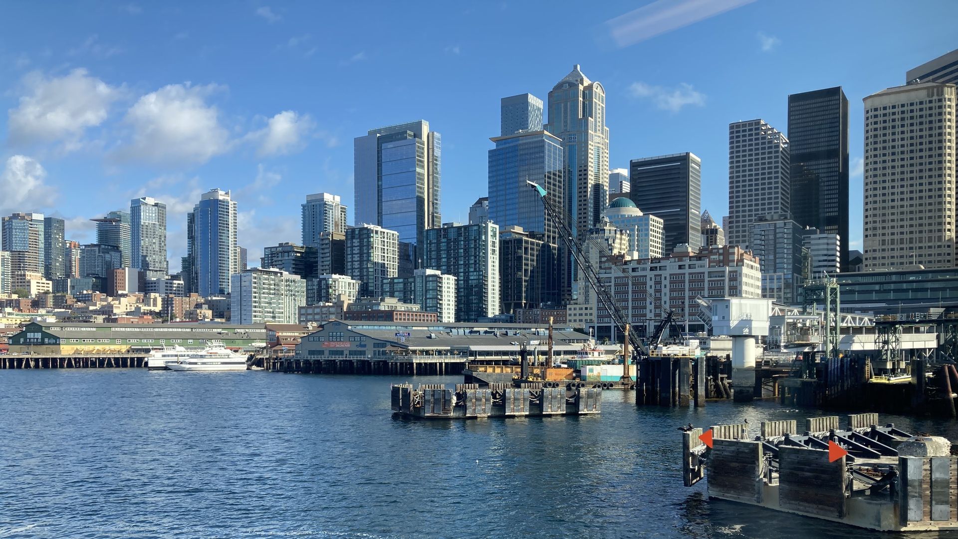 A photo of the Seattle waterfront as seen from Colman Dock. 