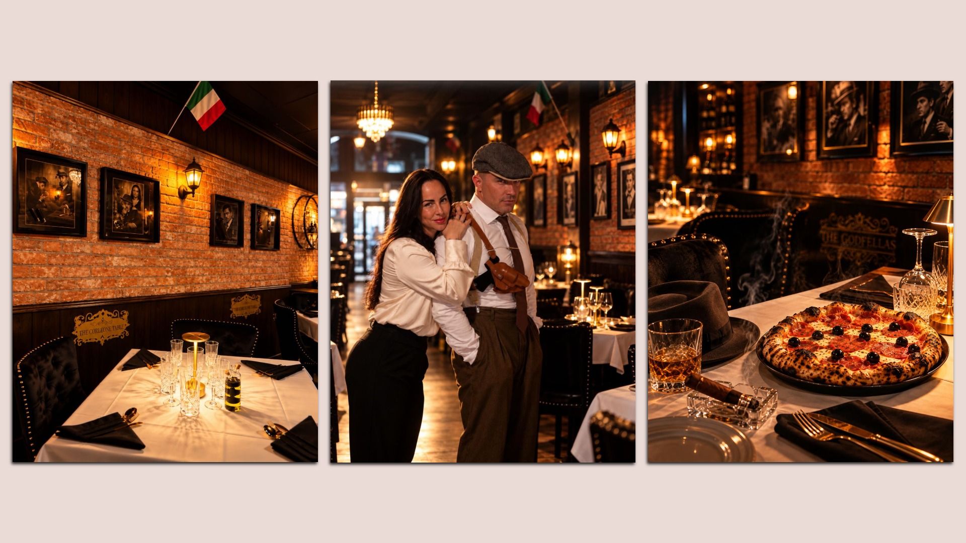 Triptych of a rustic Italian restaurant: left wall with brick, photos, and flag; center couple in vintage attire posing; right table with pizza, glasses, and warm portraits on brick walls.