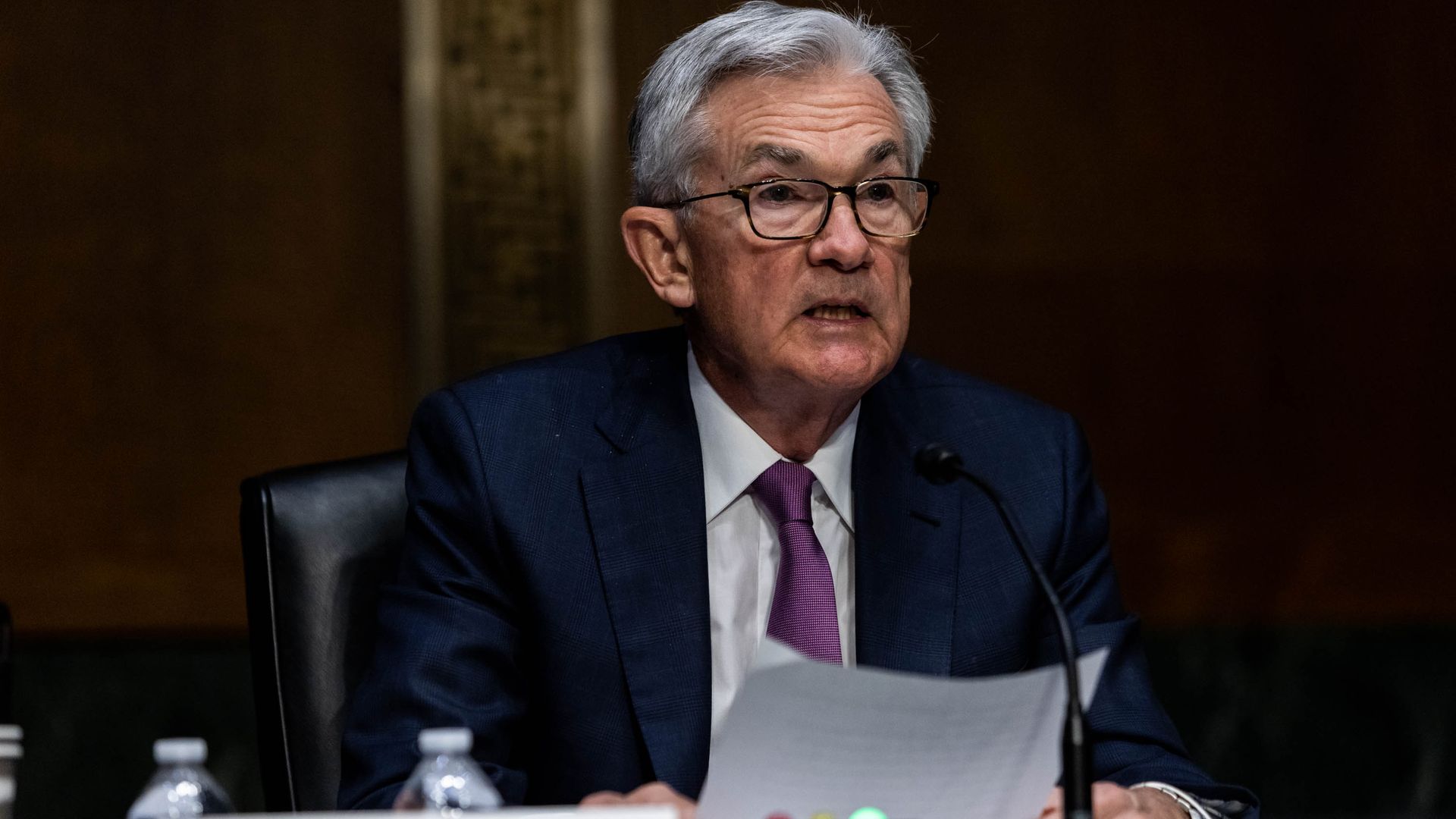 Fed Chair Jerome Powell faces the Senate Banking Committee. (Photo by Graeme Jennings-Pool/Getty Images)