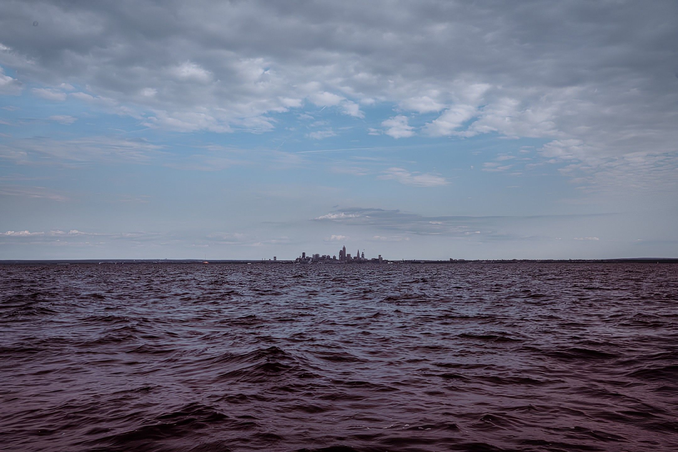 Photo of a skyline off in the distance taken from water. 