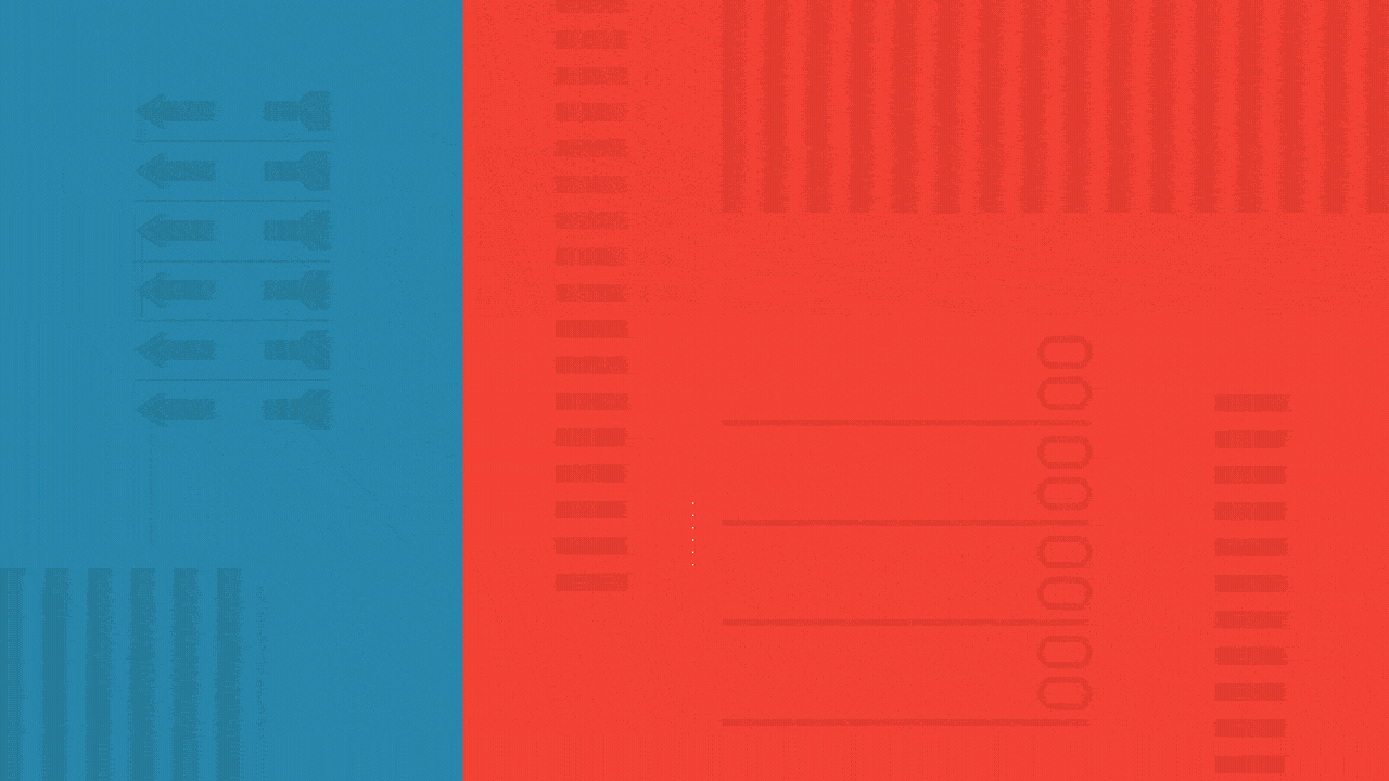 Animated illustration of the shapes of Alabama, Alaska, American Samoa, Arkansas, California, Colorado, Maine, Massachusetts, Minnesota, North Carolina, Oklahoma, Tennessee, Texas, Utah, Vermont, and Virginia rotating over a divided red and blue background with ballot elements.