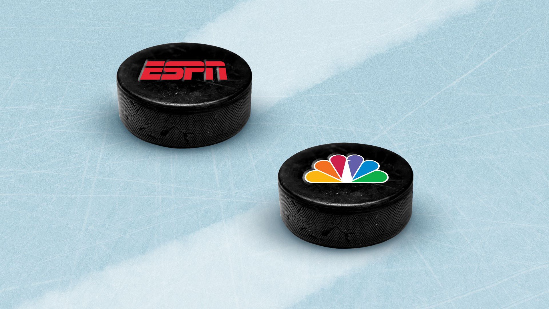 Illustration of two hockey pucks with the ESPN and NBC logos on them, sliding across the ice