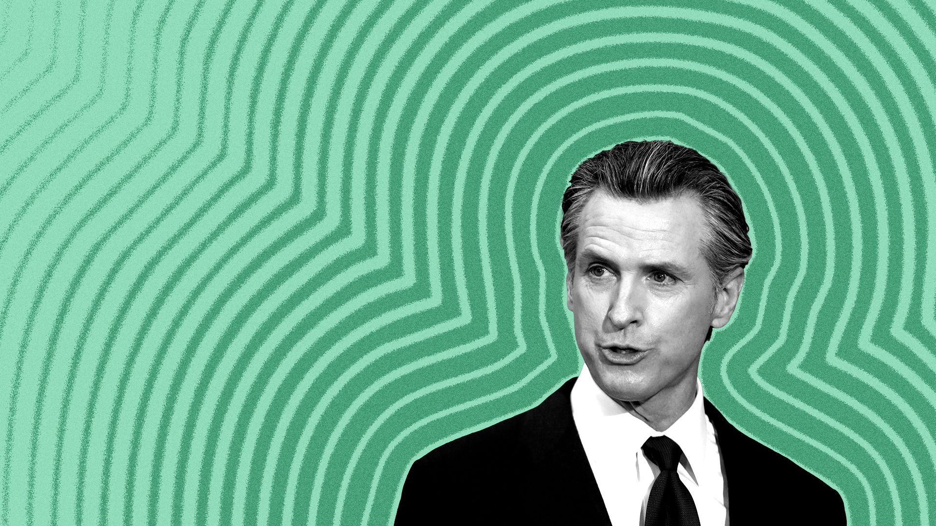 Photo illustration of California Governor Gavin Newsom with lines radiating from him.