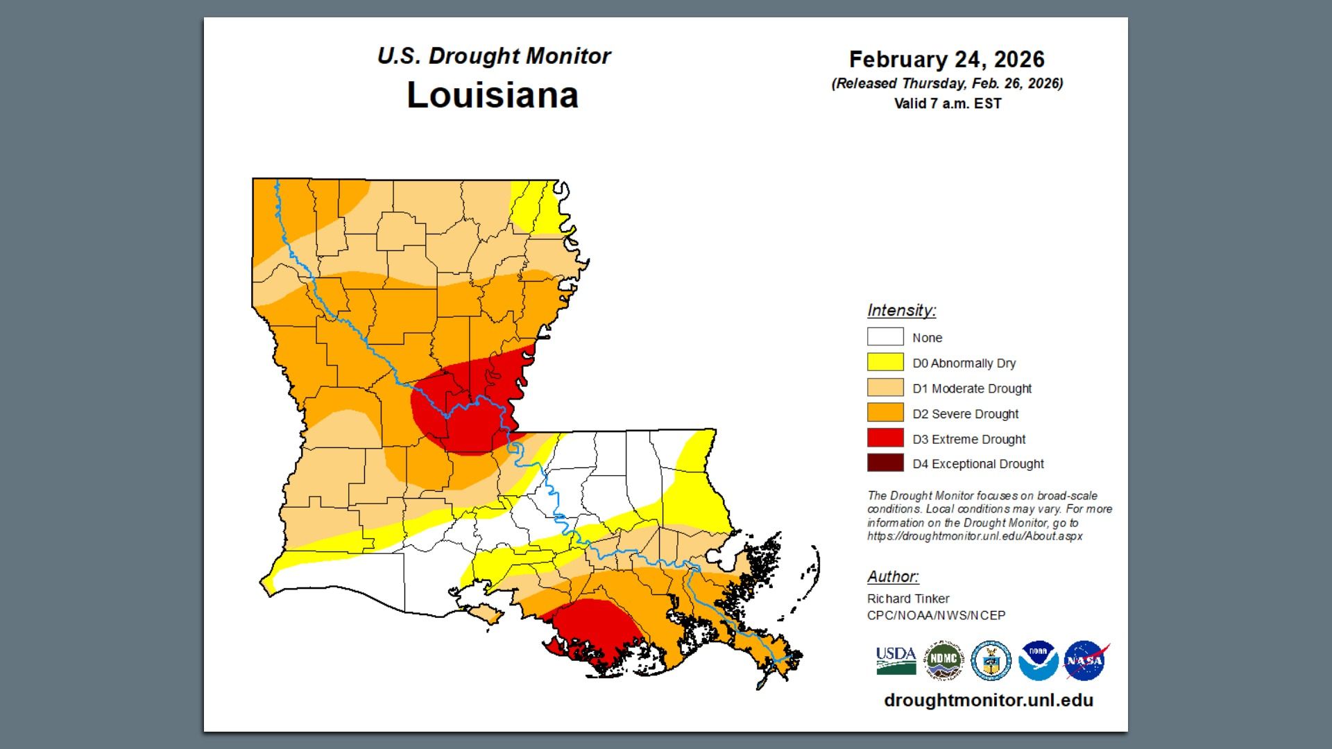 U.S. Drought Monitor map of Louisiana on Feb 24, 2026, showing areas from abnormally dry (yellow) to extreme drought (red), with severe drought (orange) in many central regions.