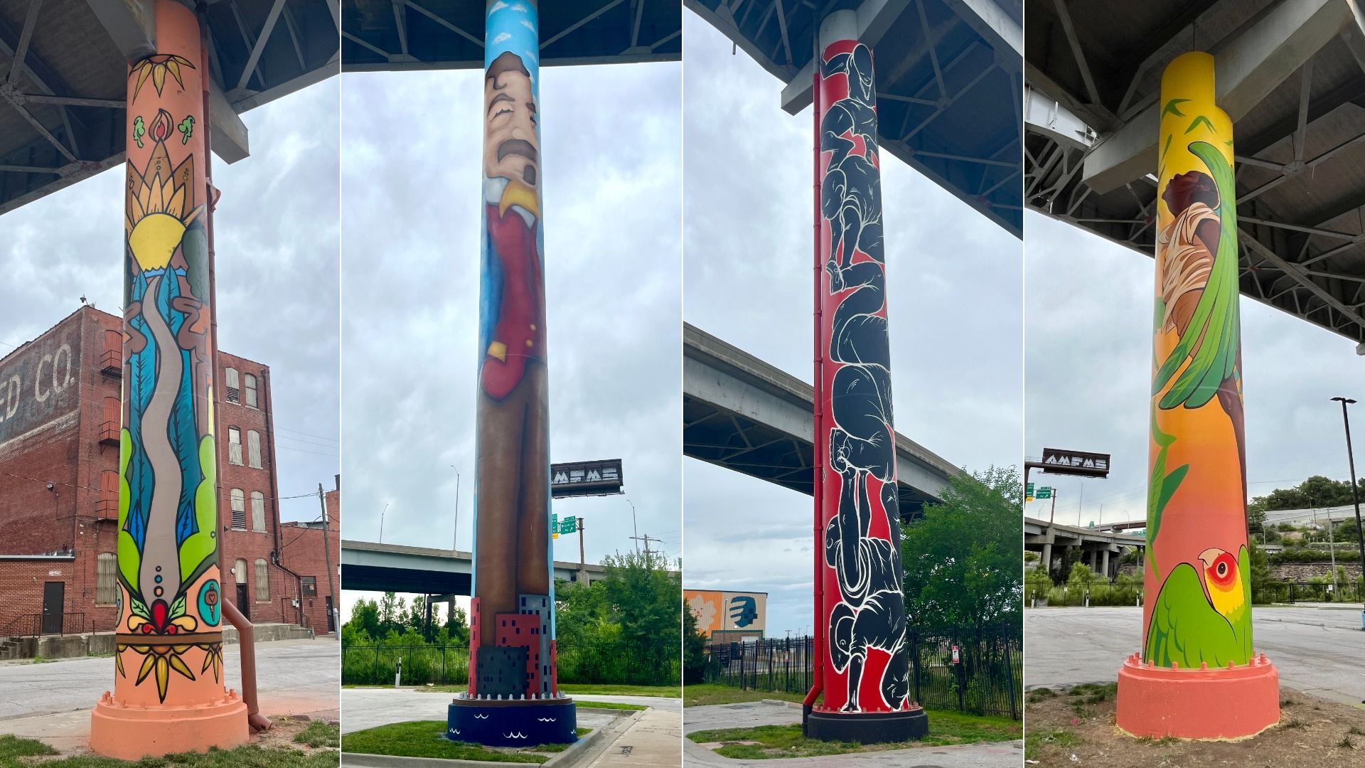 Four images show four different murals painted onto interstate pylons in the West Bottoms in Kansas City.