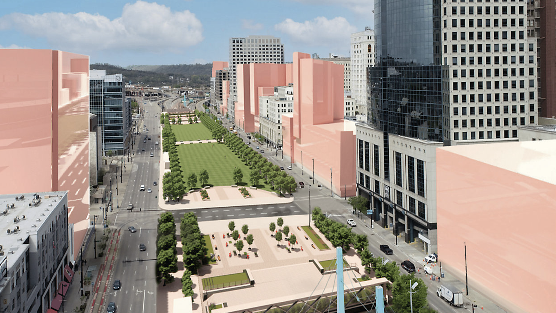 A rendering of a proposed remodel of a capped Fort Washington Way - awide boulevard flanked by tall pink-toned buildings; a long central tree-lined green park with benches and plazas, under a blue sky.