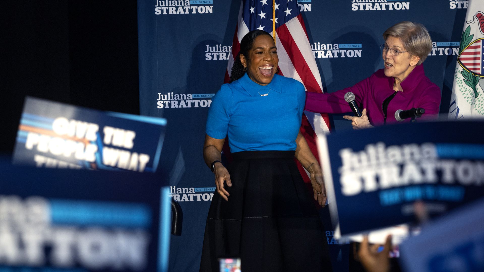  Sen. Elizabeth Warren joins Illinois Democratic Senate candidate Juliana Stratton at a campaign stop on March 13 in Chicago. 