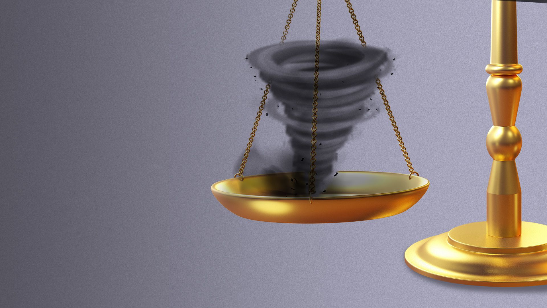 Illustration of Lady Justice's scales weighing a tornado. 