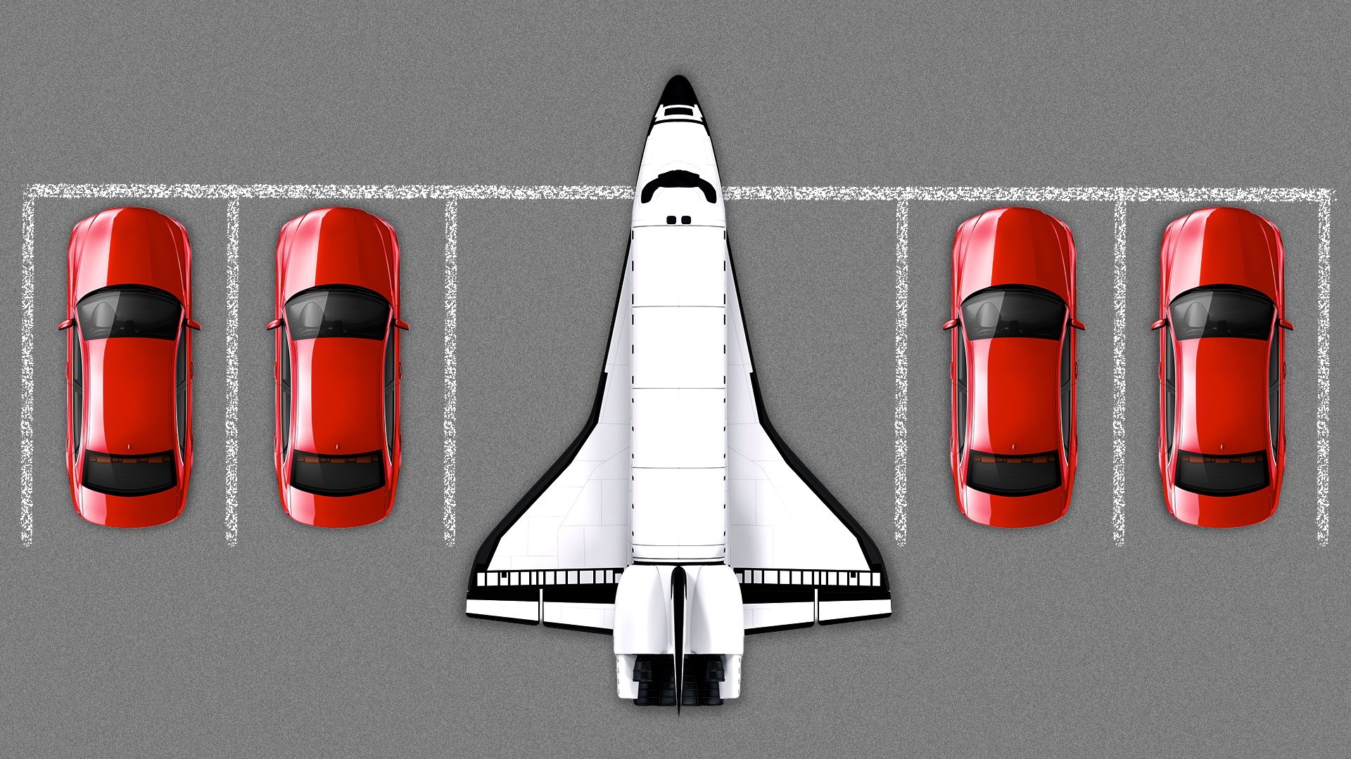 Illustration of a space shuttle in a parking lot with other cars.