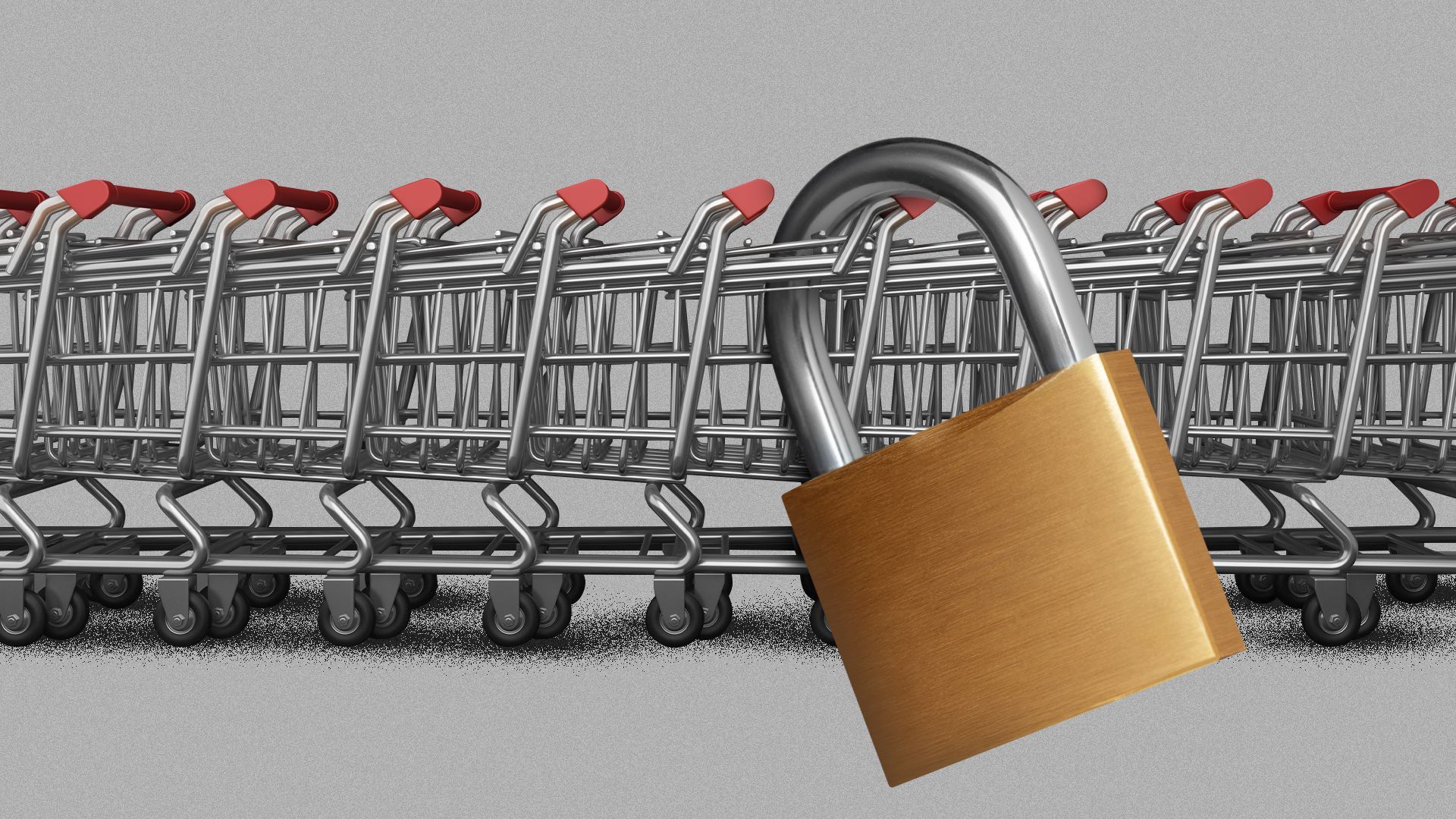 Illustration of a line of grocery shopping carts with a giant lock on them. 