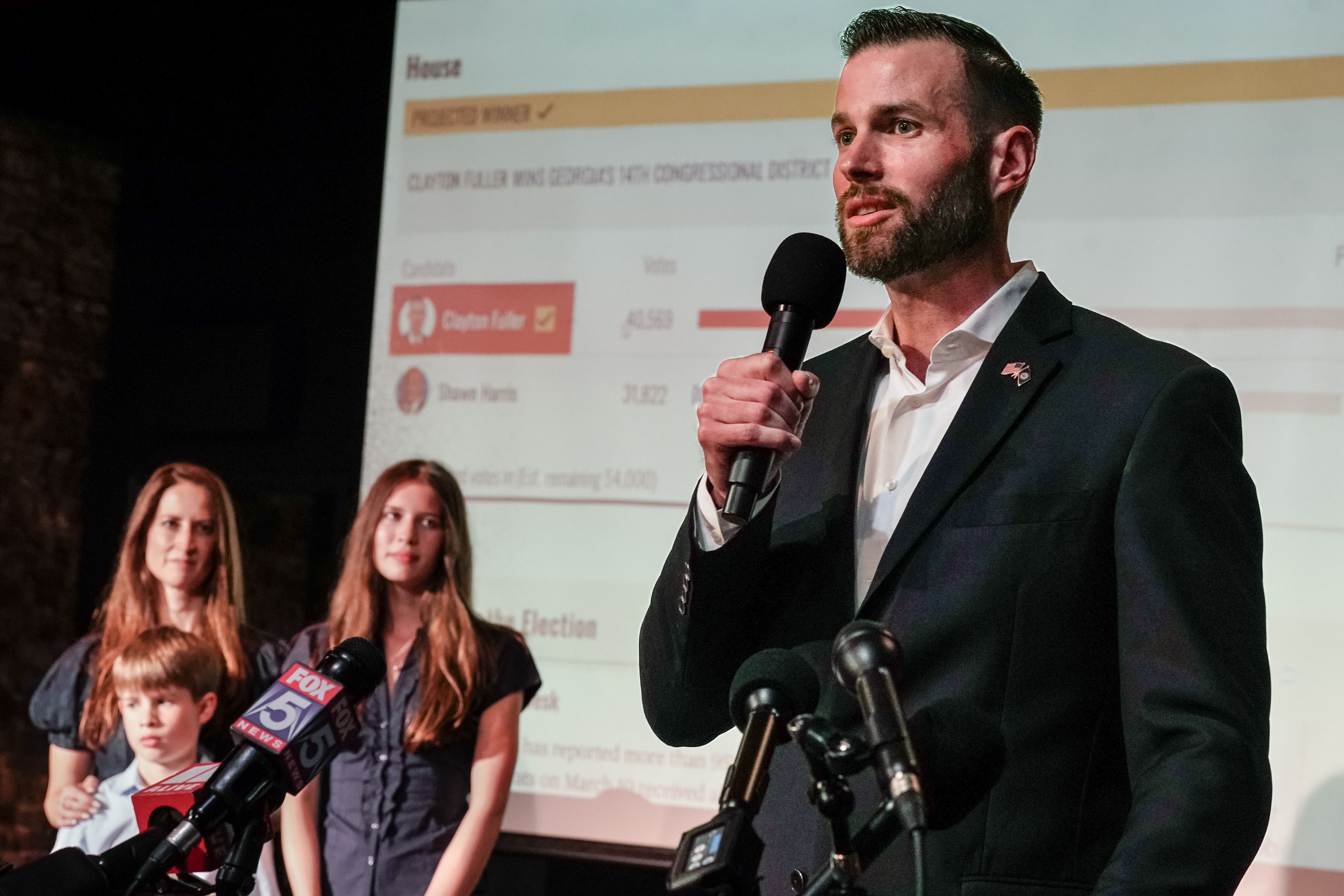 Clay Fuller, district attorney for the Lookout Mountain Judicial Circuit and Republican Congressional candidate for Georgia, speaks at an election night event in Ringgold, Georgia, US, on Tuesday, April 7, 2026. A special US House election Tuesday in a deeply conservative Georgia district is playing