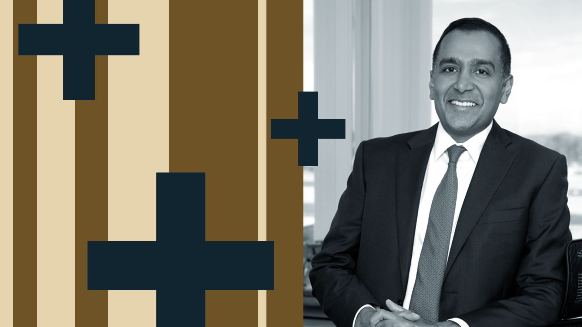 Photo illustration of Sachin H. Jain surrounded by health pluses and abstract shapes.