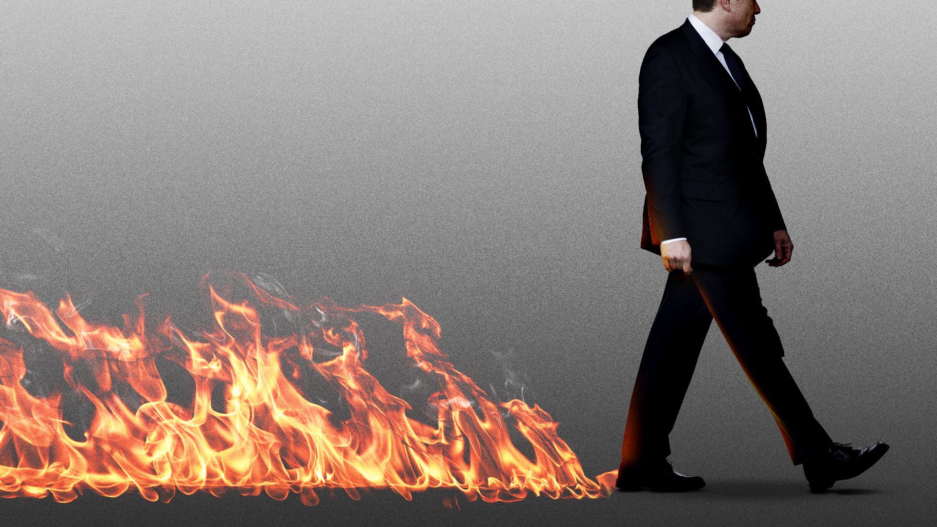 Photo illustration of Elon Musk walking away from the fire he has left in his wake.