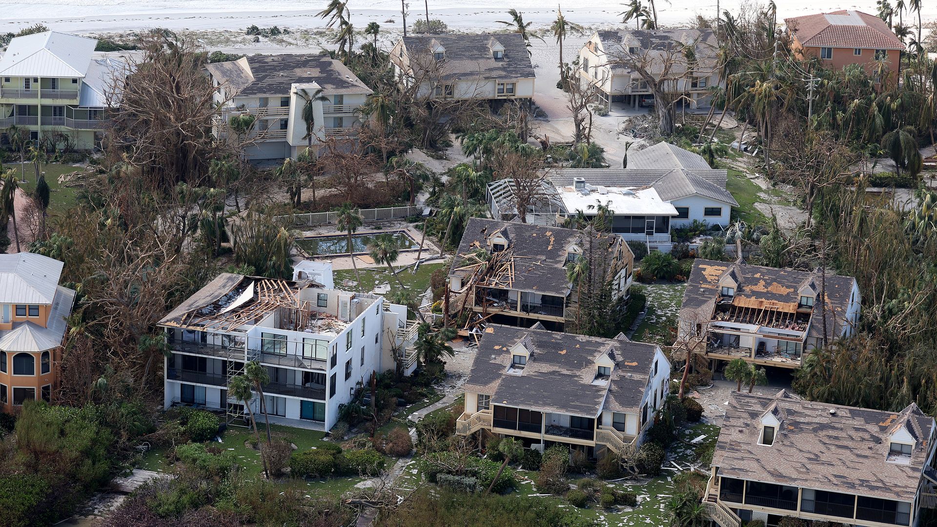 Damage in Florida from Hurricane Ian as viewed from the air. 