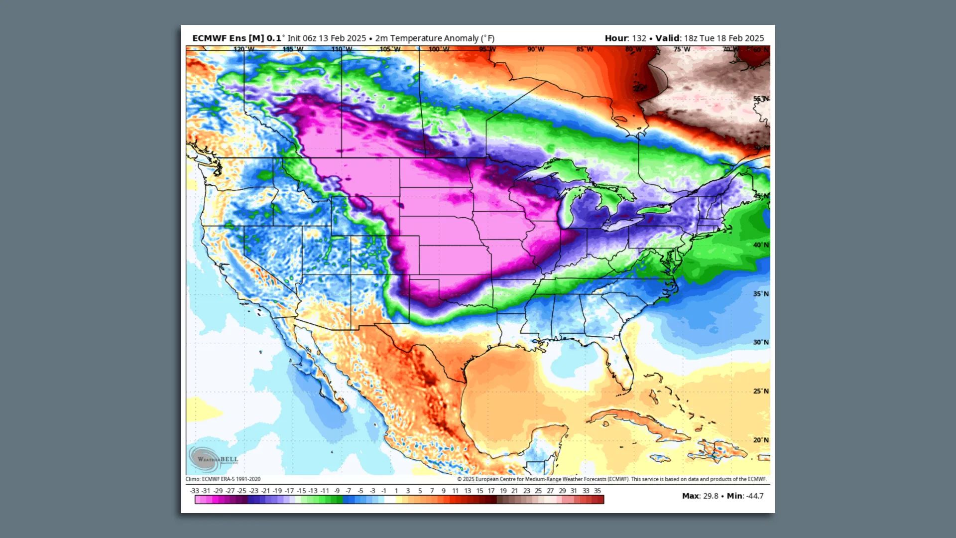 Computer model projection of temperature anomalies across the U.S. during the Arctic outbreak.