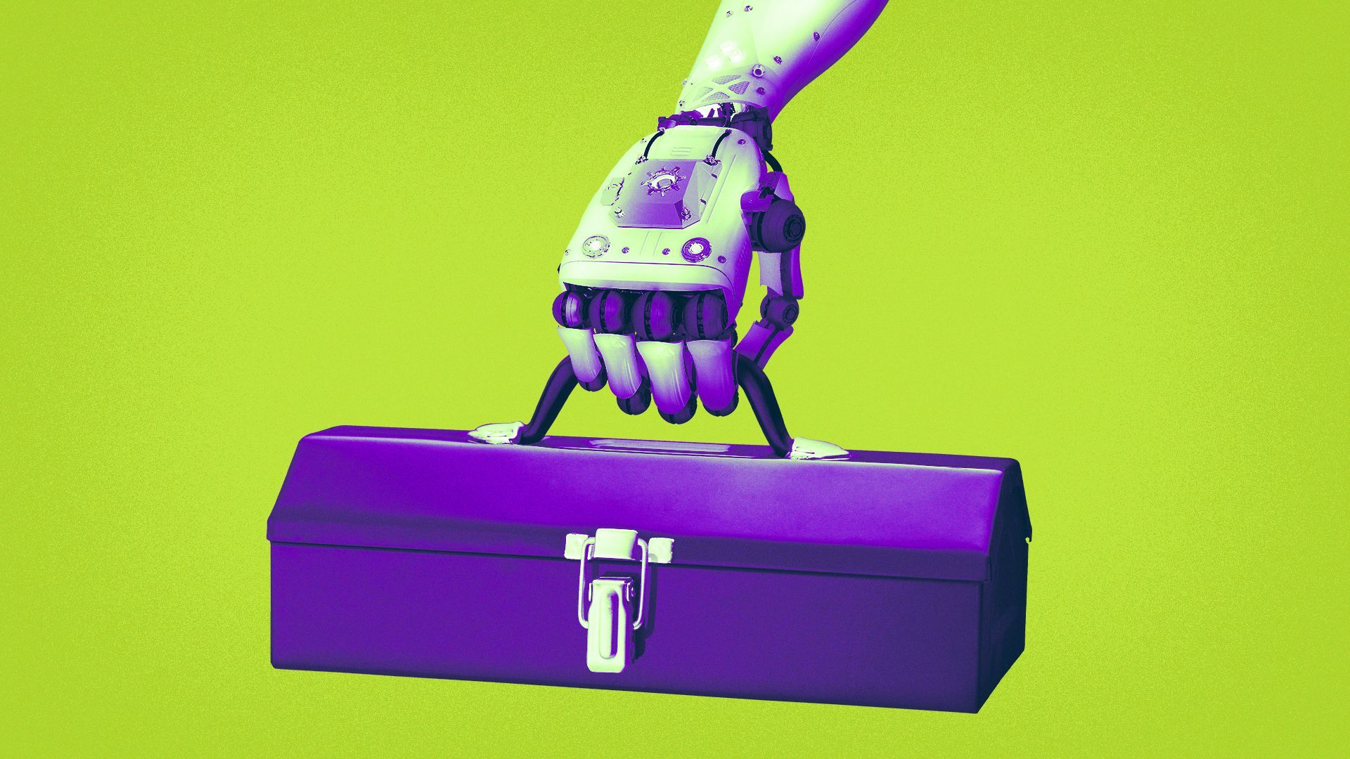 Illustration of a robot hand holding a toolbox. 