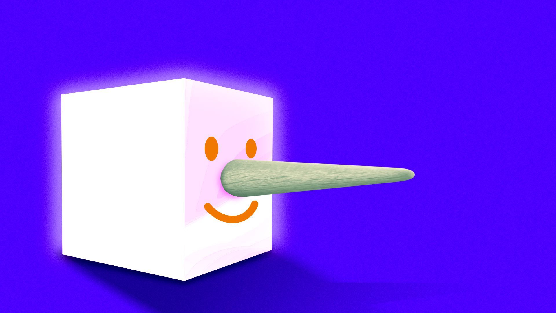 Illustration of a cube with a smiley face and long Pinocchio nose