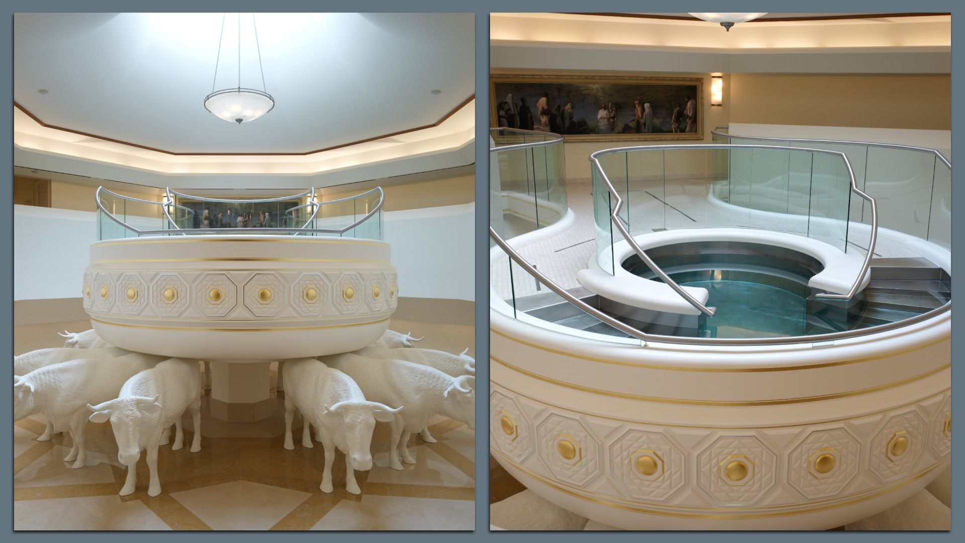 Two-panel diptych of an upscale interior: left features a circular carved pedestal with a ring of white elephant statues; right shows a glass-railed circular pool near a mural.