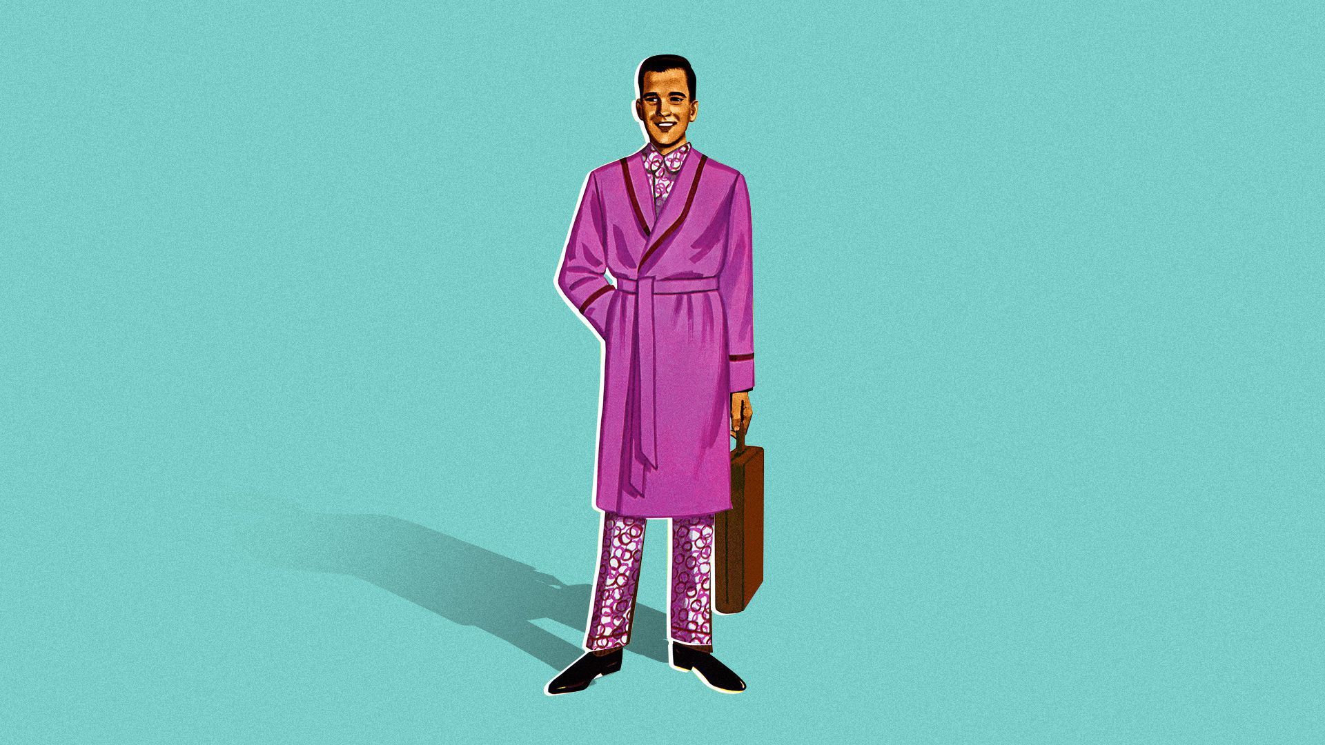 A man in a bathrobe holds a briefcase