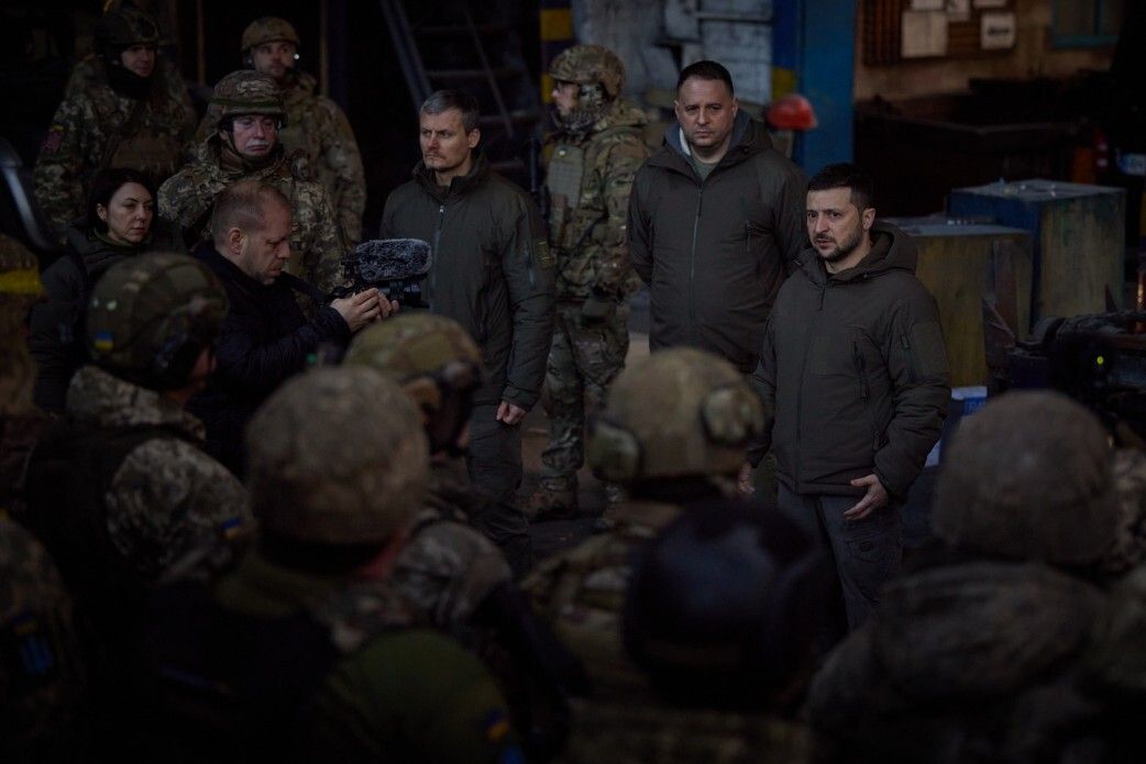 Ukrainian President Volodymyr Zelensky meeting with troops in the city of Bakhmut on Dec. 20.