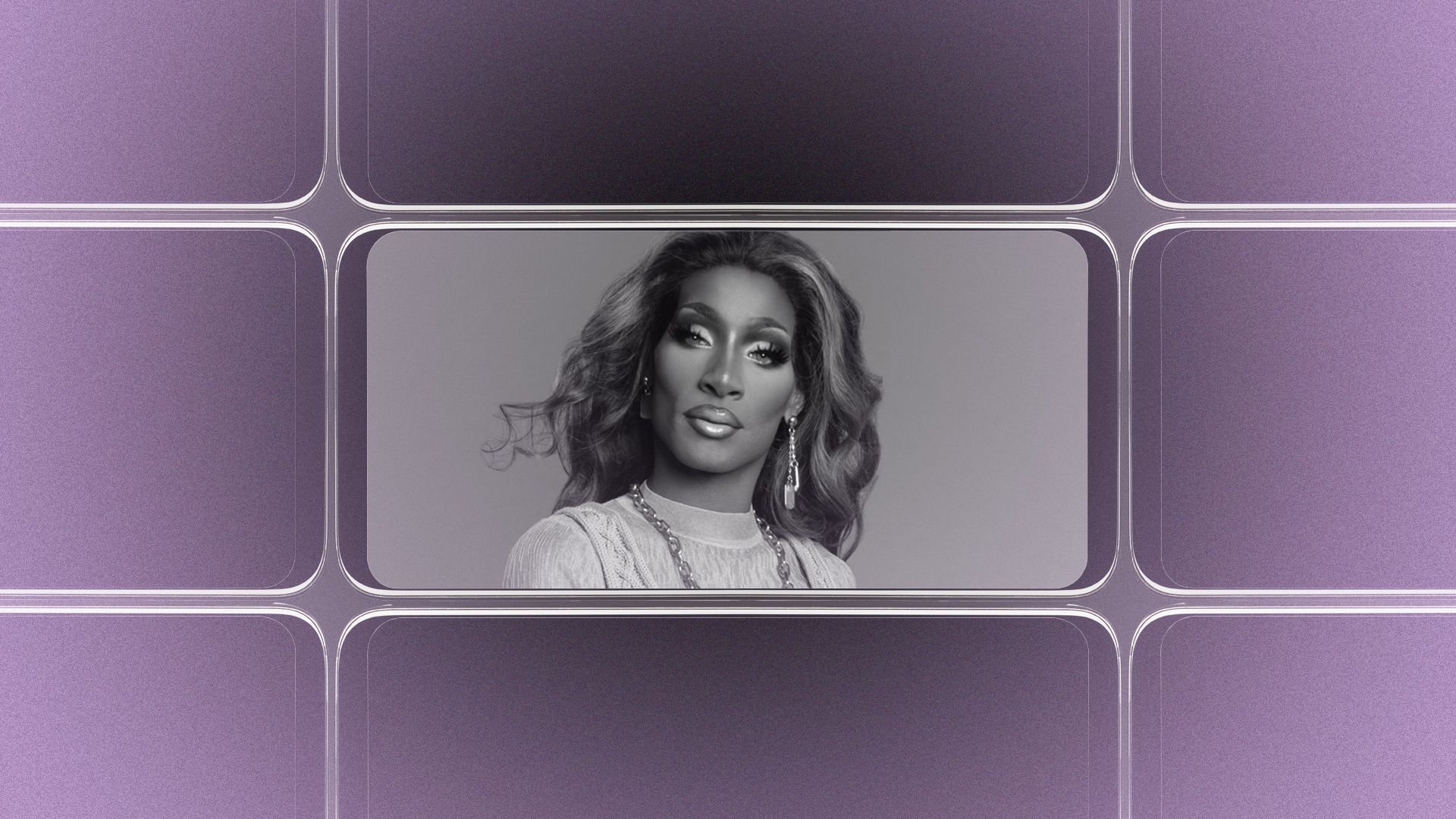 Photo illustration of a grid of smartphone screens, the center one showing an image of Jaida Essence Hall.