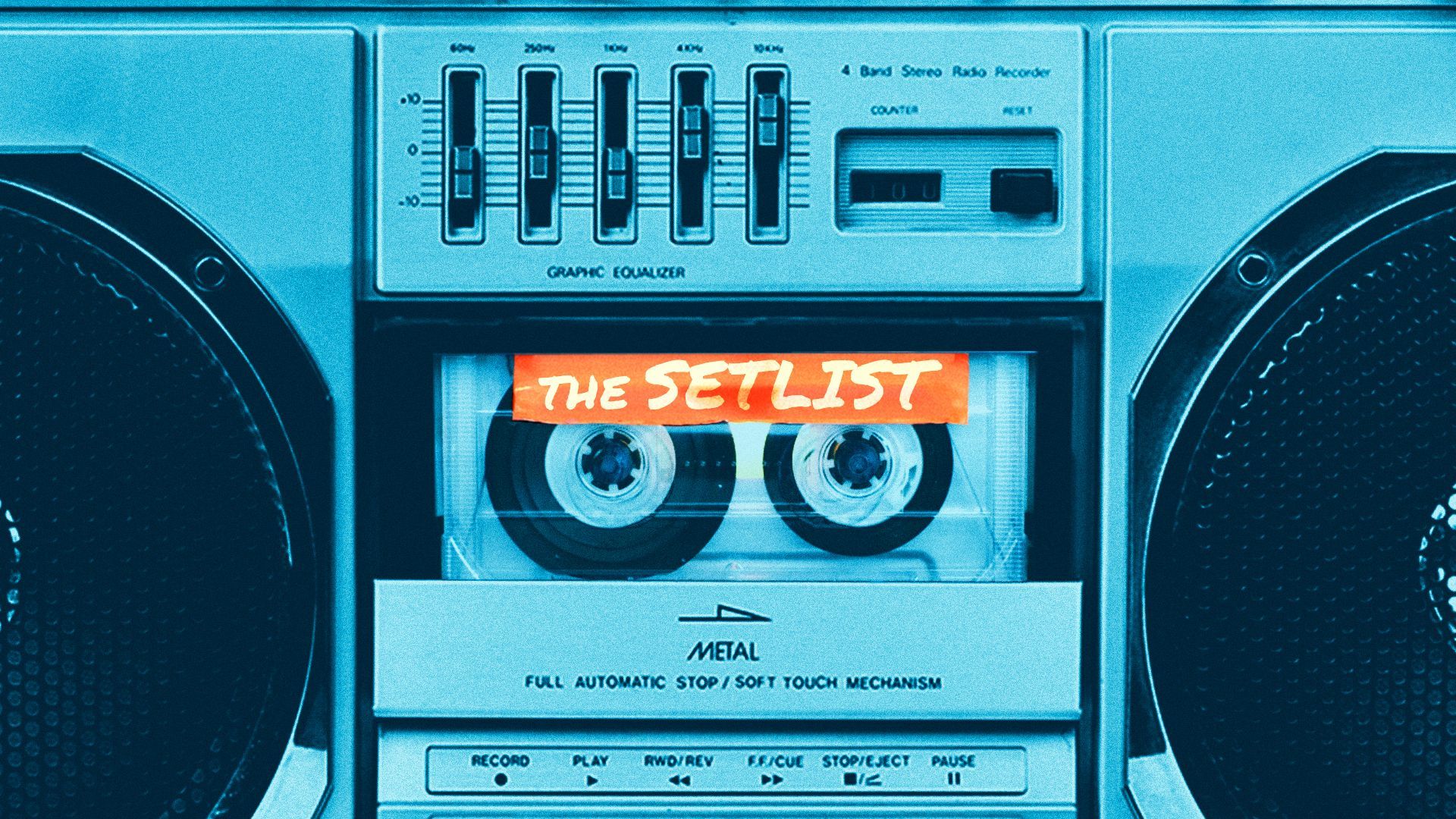 Illustration of a label that reads "The Setlist" on a cassette tape in a boombox.