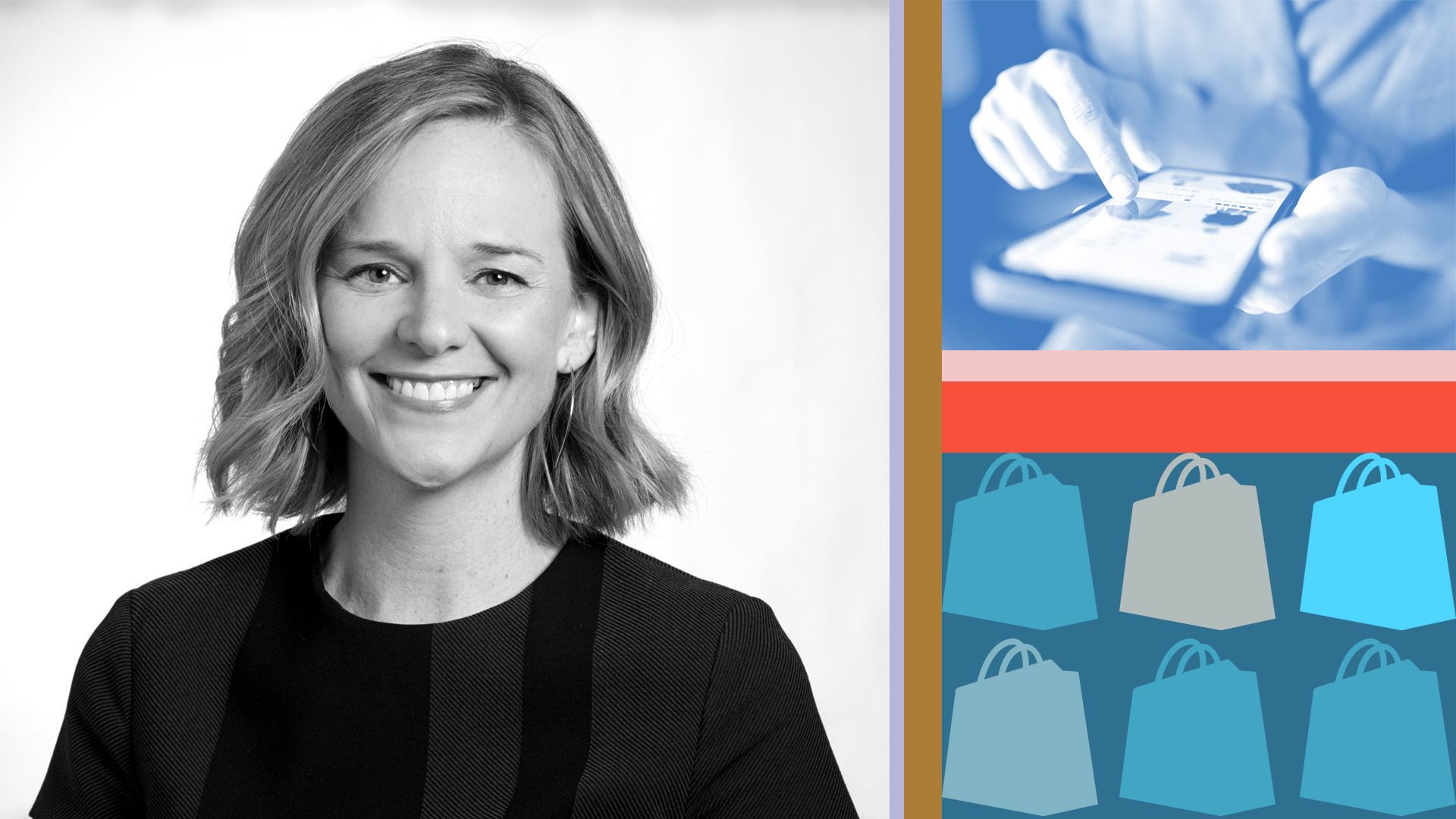 Photo illustration of Erin Pelton, Shopify's head of communications and public affairs, next to repeated Shopify logos and a photo of someone shopping on a phone
