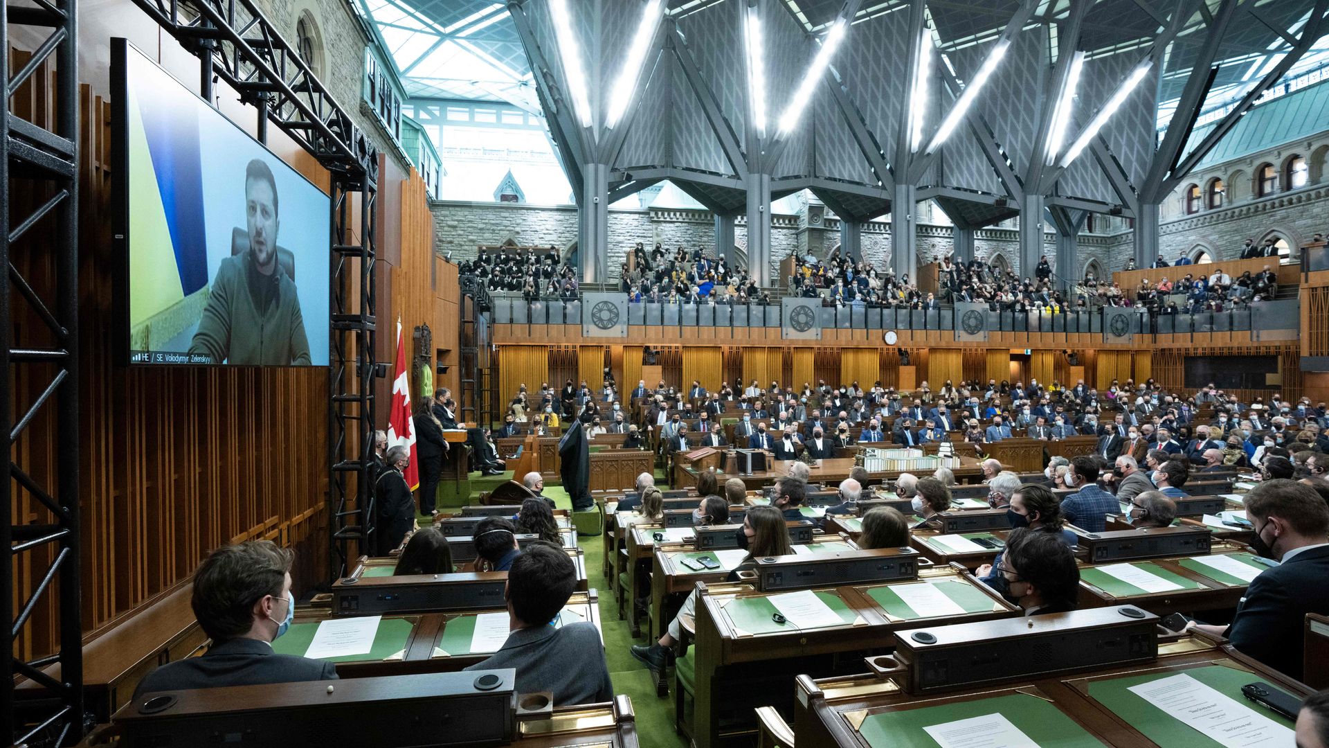 Ukrainian President Zelensky is seen addressing the Canadian Parliament via videoconference.