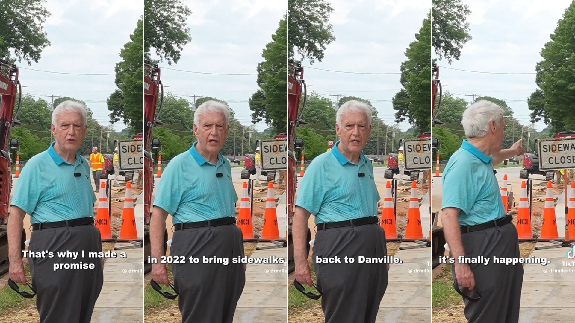 Four-panel scene of an older man in a turquoise polo standing at a construction site with orange traffic cones and a sidewalk closed sign; captions reference bringing sidewalks back to Danville.