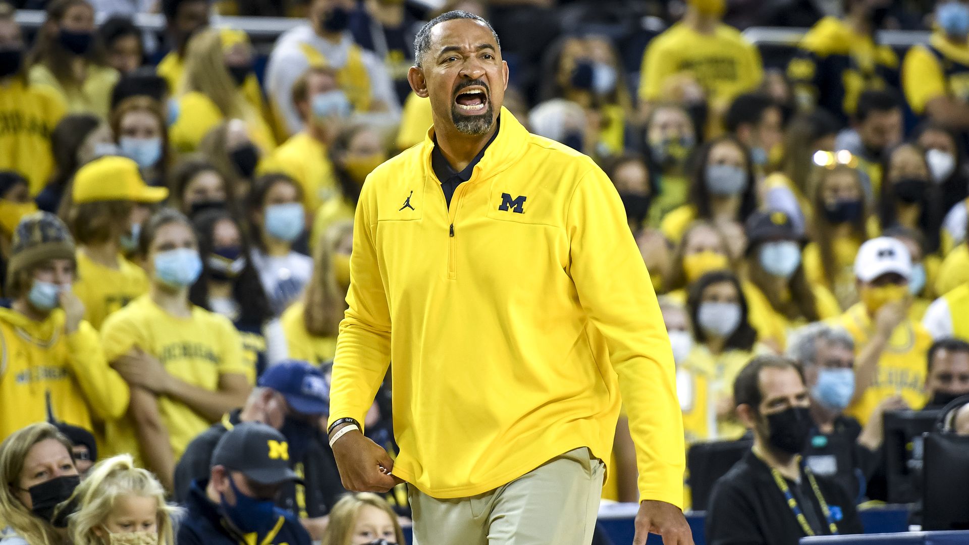 Head coach Juwan Howard of the Michigan Wolverines yells against the San Diego State Aztecs during the first half at Crisler Arena on December 04, 2021 in Ann Arbor, Michigan.