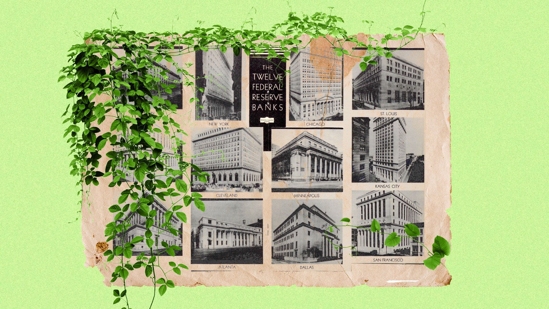Illustrated collage of a historical image of the federal reserve banks with greenery. 