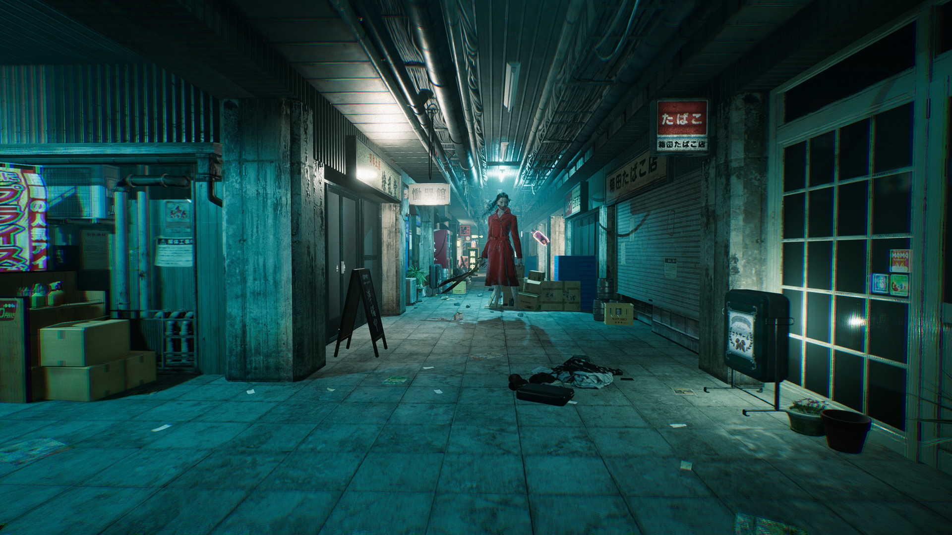 Screencap of an animated scene showing a person standing in a dark alleyway