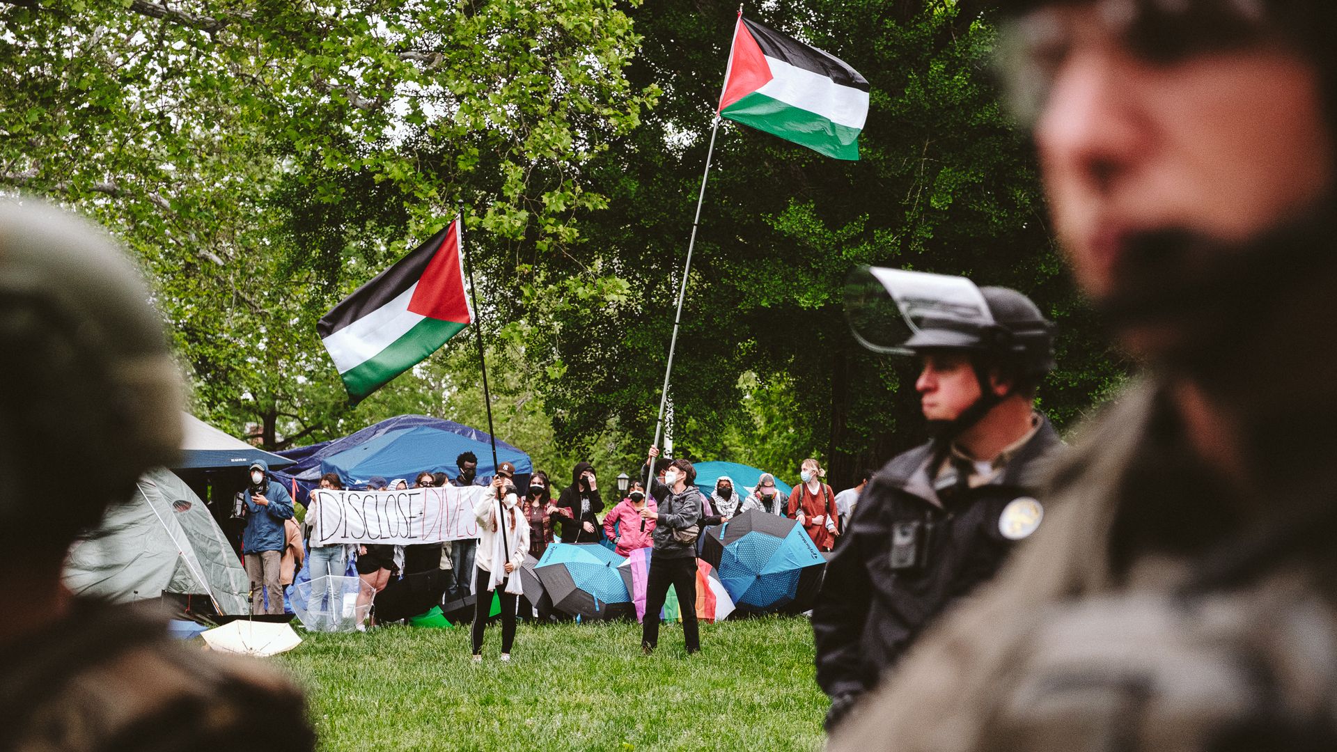 Student protesters wave Palestinian flags at the University of Virginia as the police to disperse protesters from the encampment on university grounds. on May 4, 2024 in Charlottesville, Virginia. Pro-Palestinian encampments have sprung up at college campuses around the country with some demonstrato